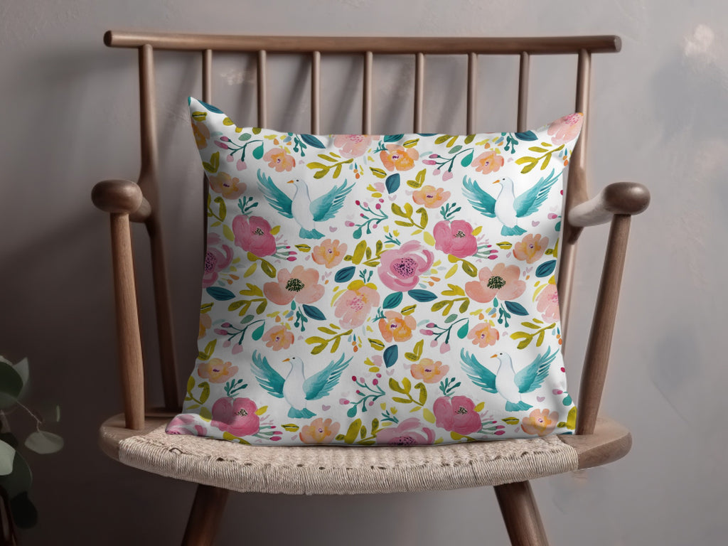 Colorful Bird and Flower Design Throw Pillow Cover