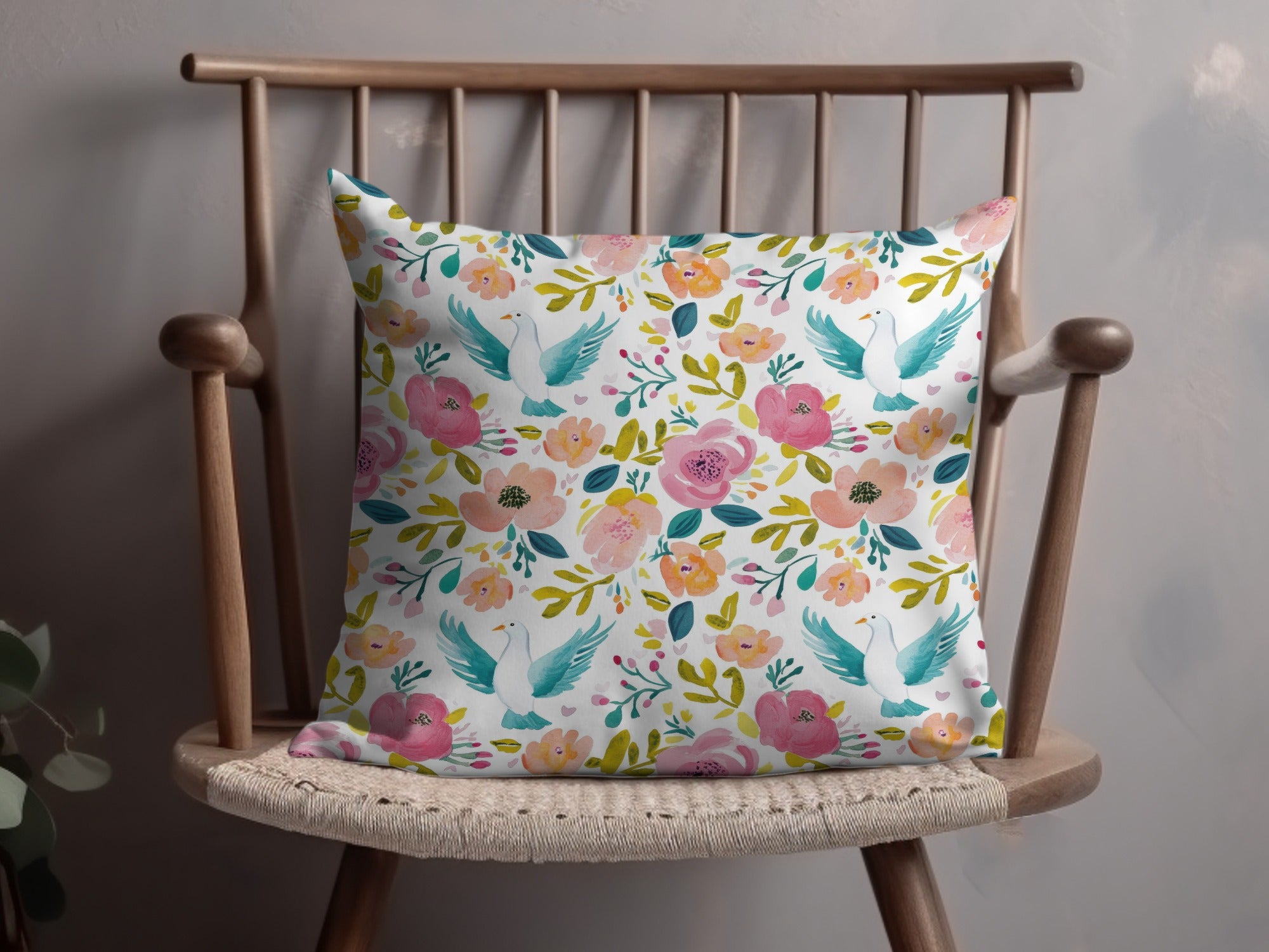 Colorful Bird and Flower Design Throw Pillow Cover