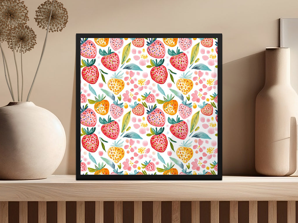 Framed artwork featuring a pattern of watercolor strawberries and leaves.