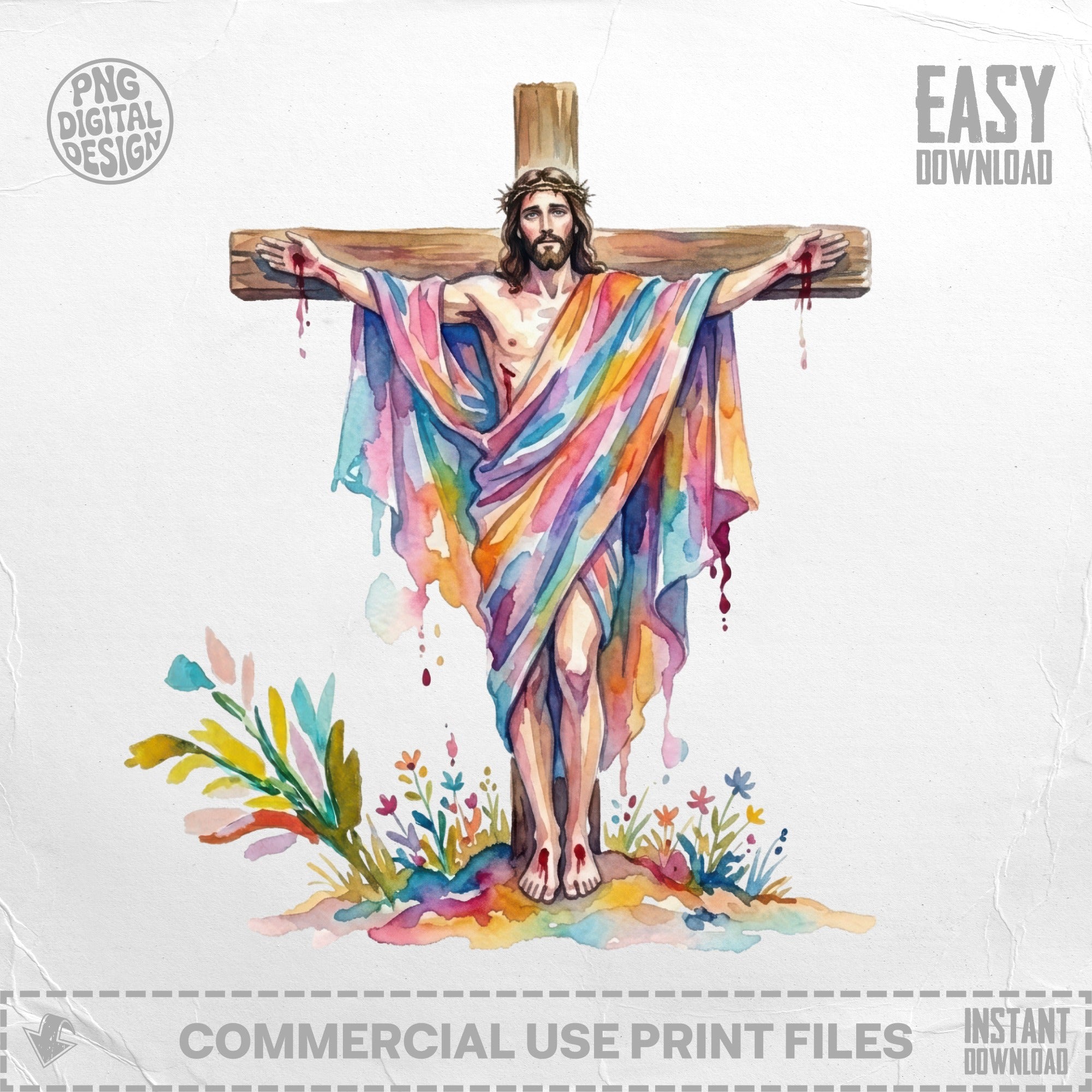 Jesus on cross with colorful robe and watercolor floral details.