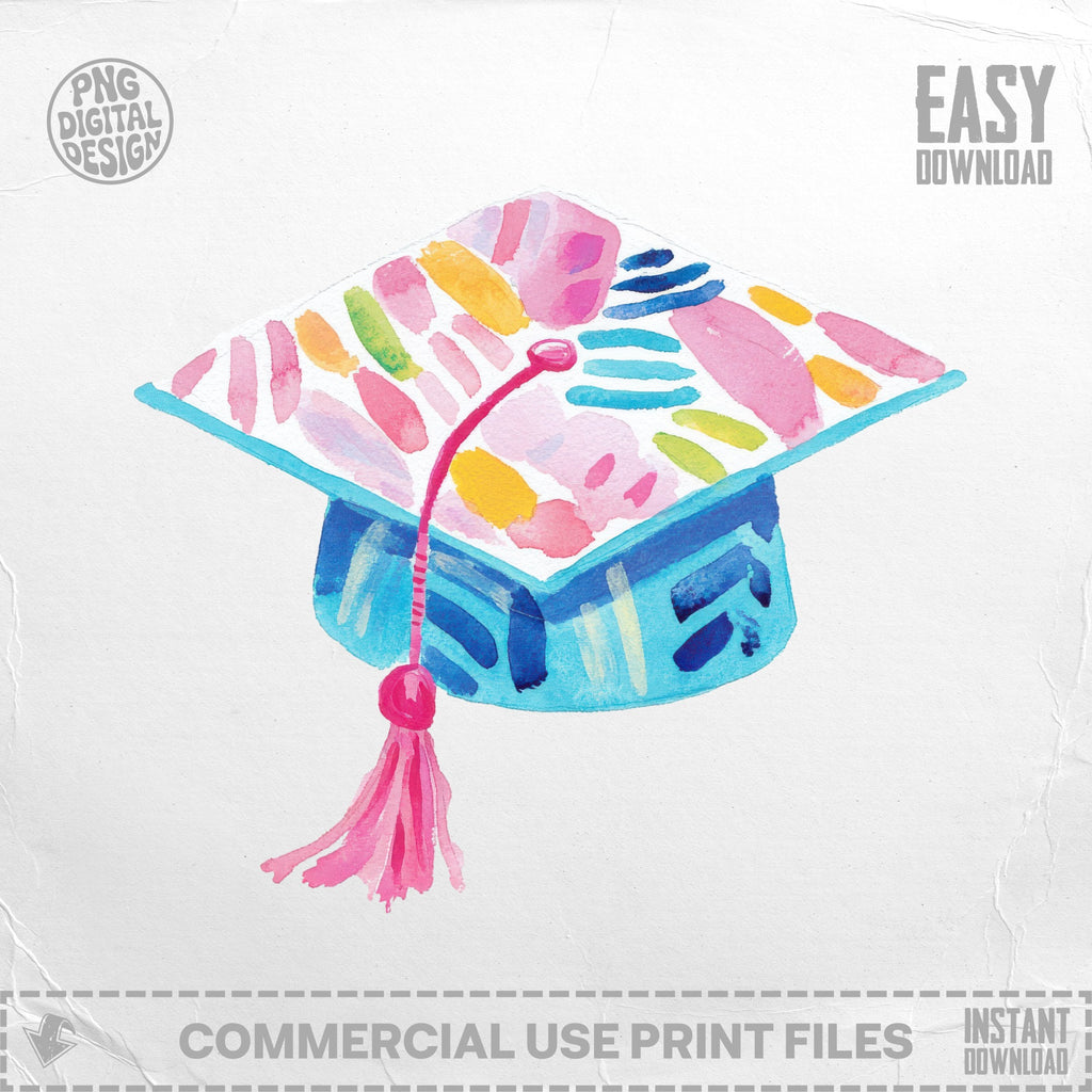 Watercolor graduation cap with pink tassel and blue band.