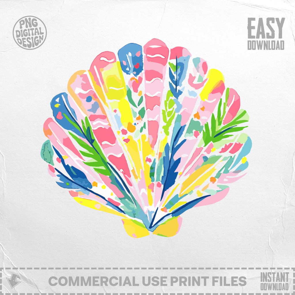 Colorful seashell illustration with palm fronds, "Easy Download" text.