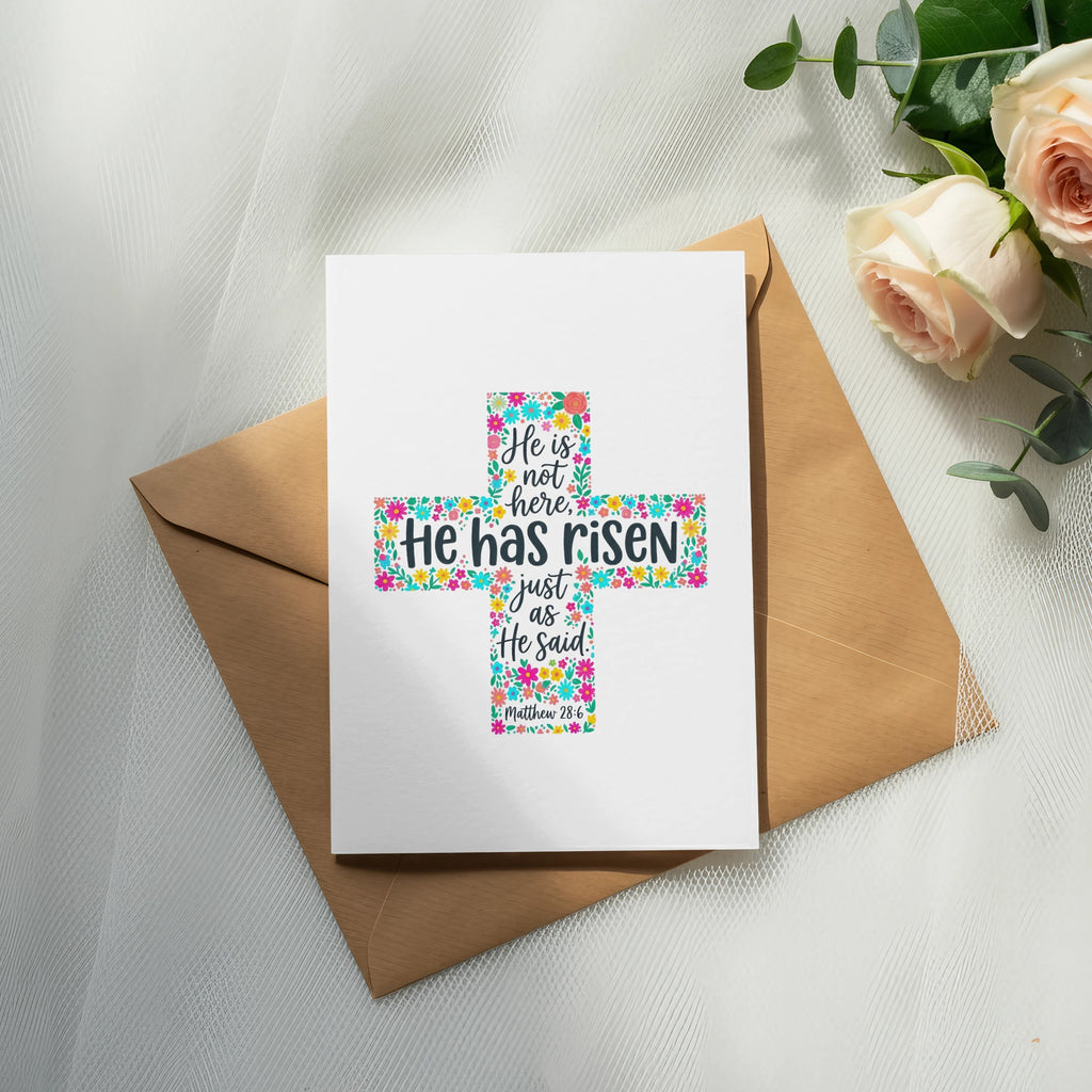 Floral cross greeting card with "He has risen" text from Matthew 28:6.