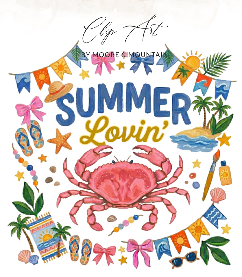 Crab, "Summer Lovin'", flip-flops, and beach scene clip art.