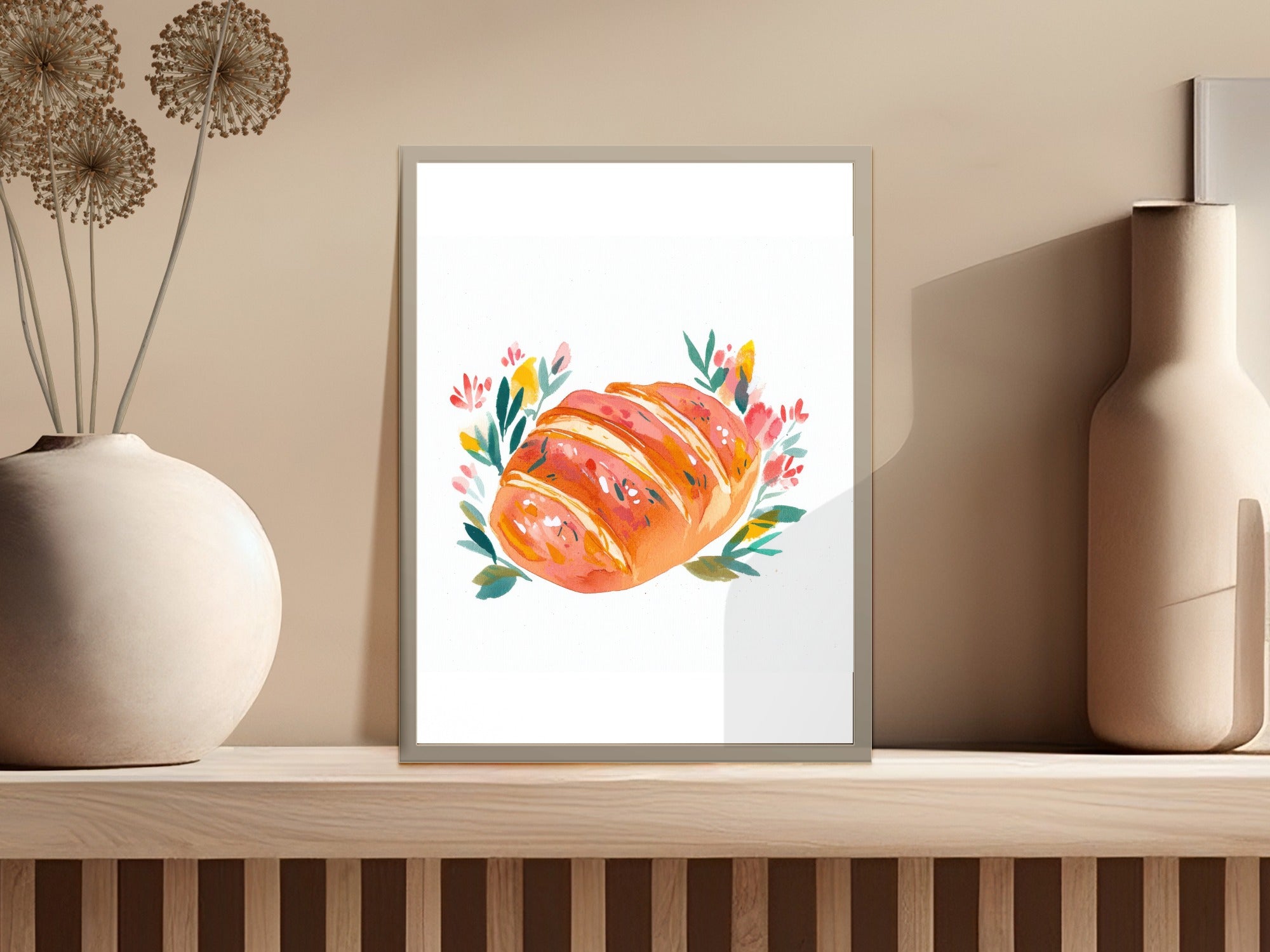 Watercolor painting of a braided loaf of bread with floral accents.