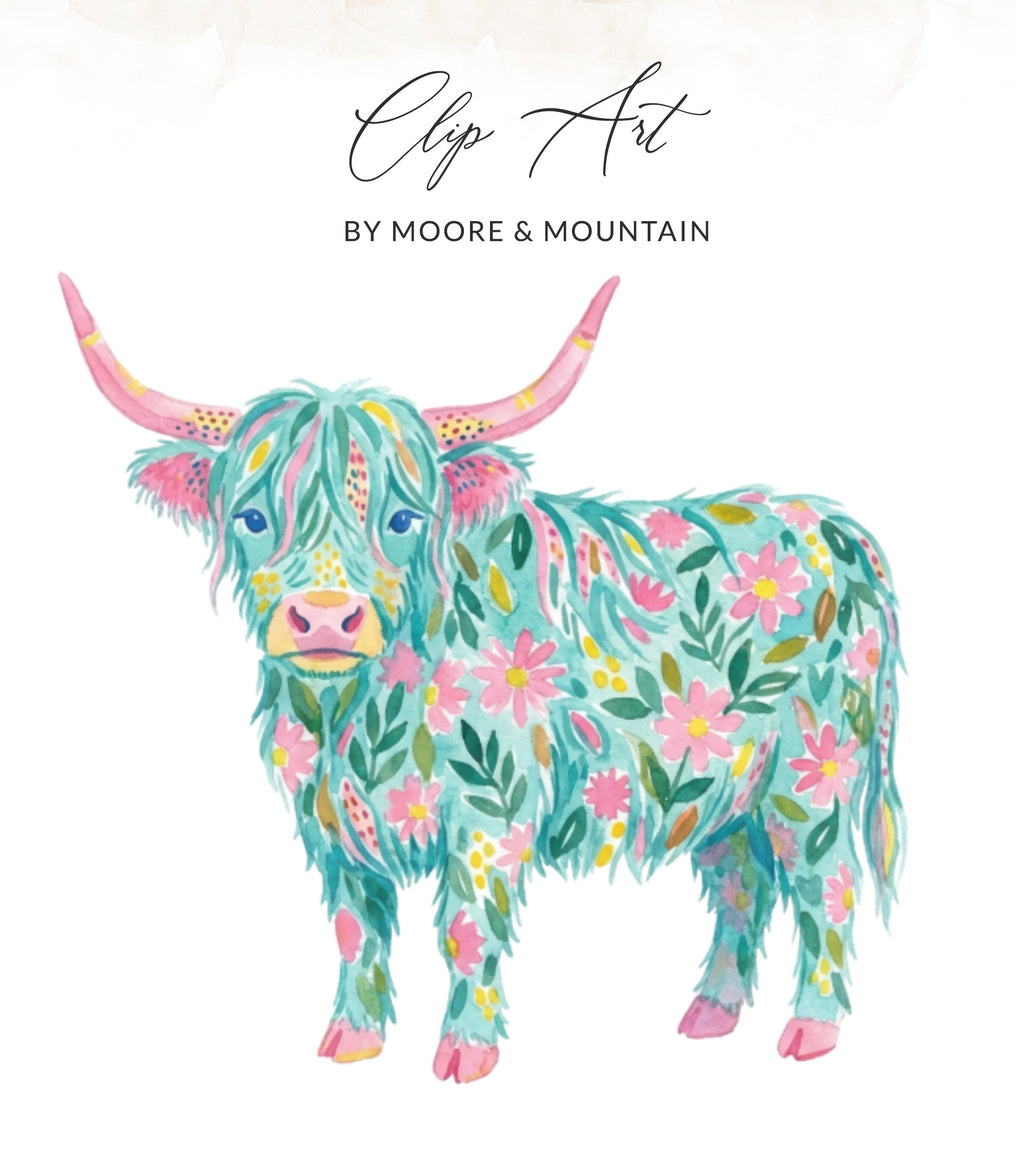Floral highland cow clip art by Moore & Mountain.