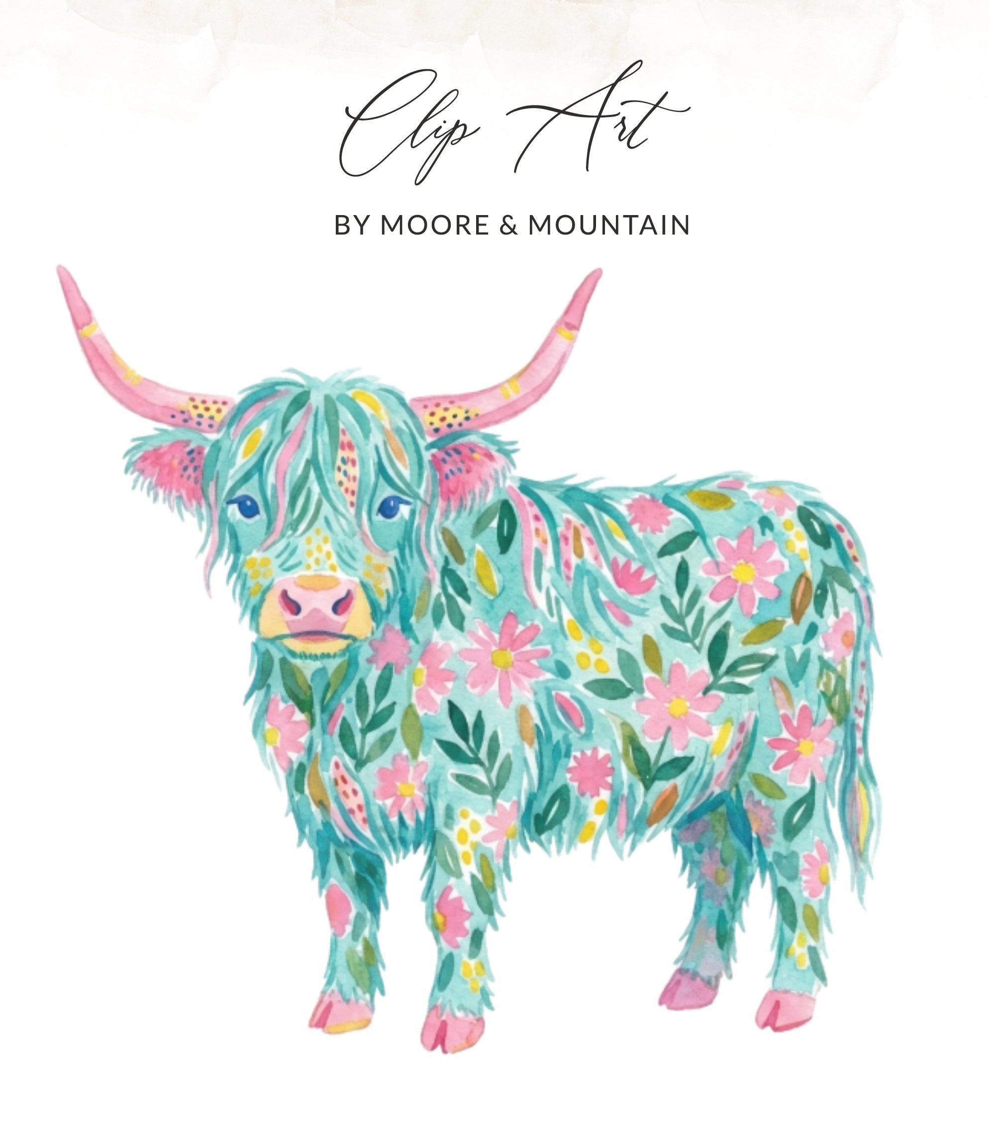 Floral highland cow clip art by Moore & Mountain.