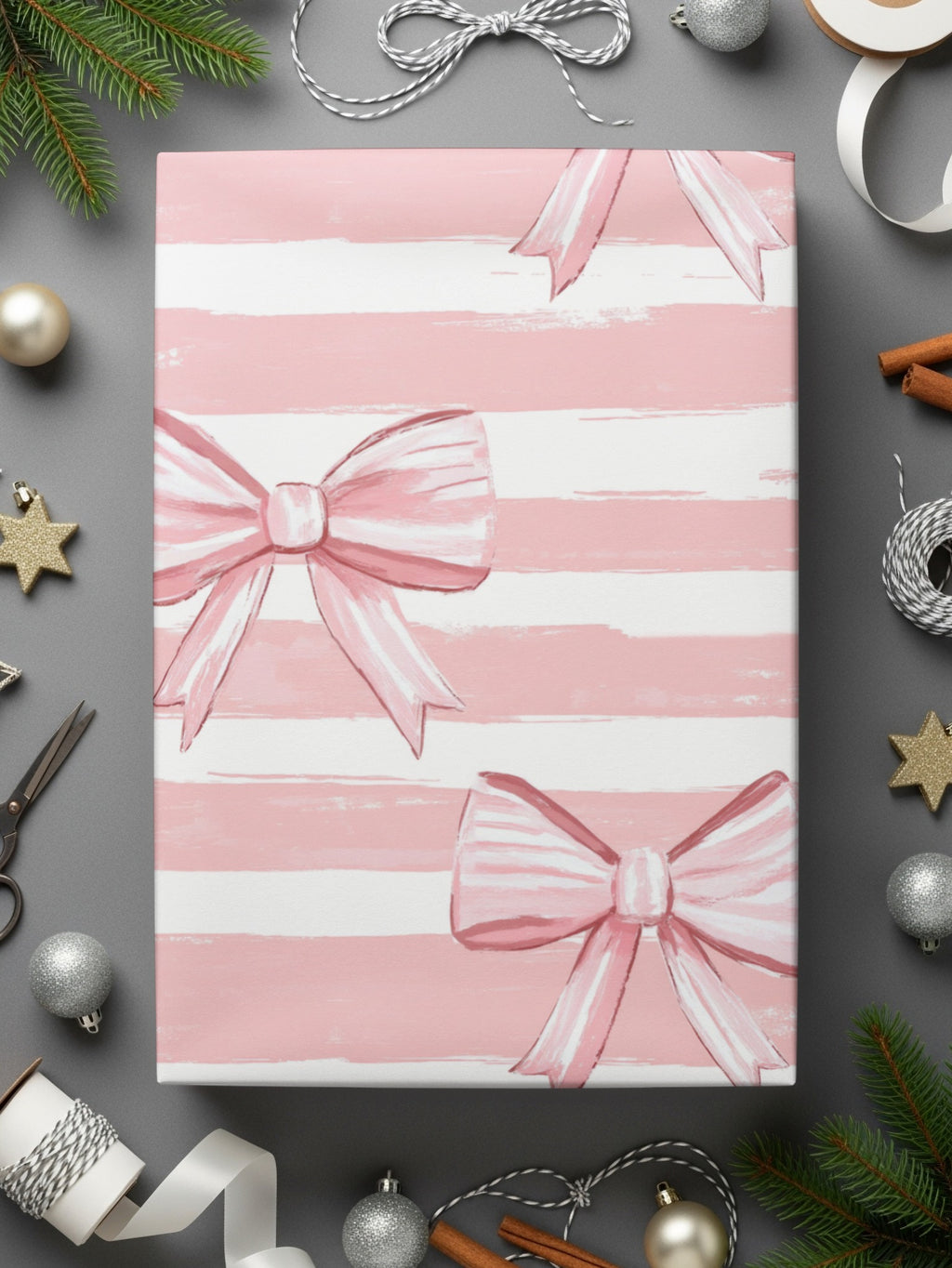 Pink and White Striped Gift Wrap with Bows Design