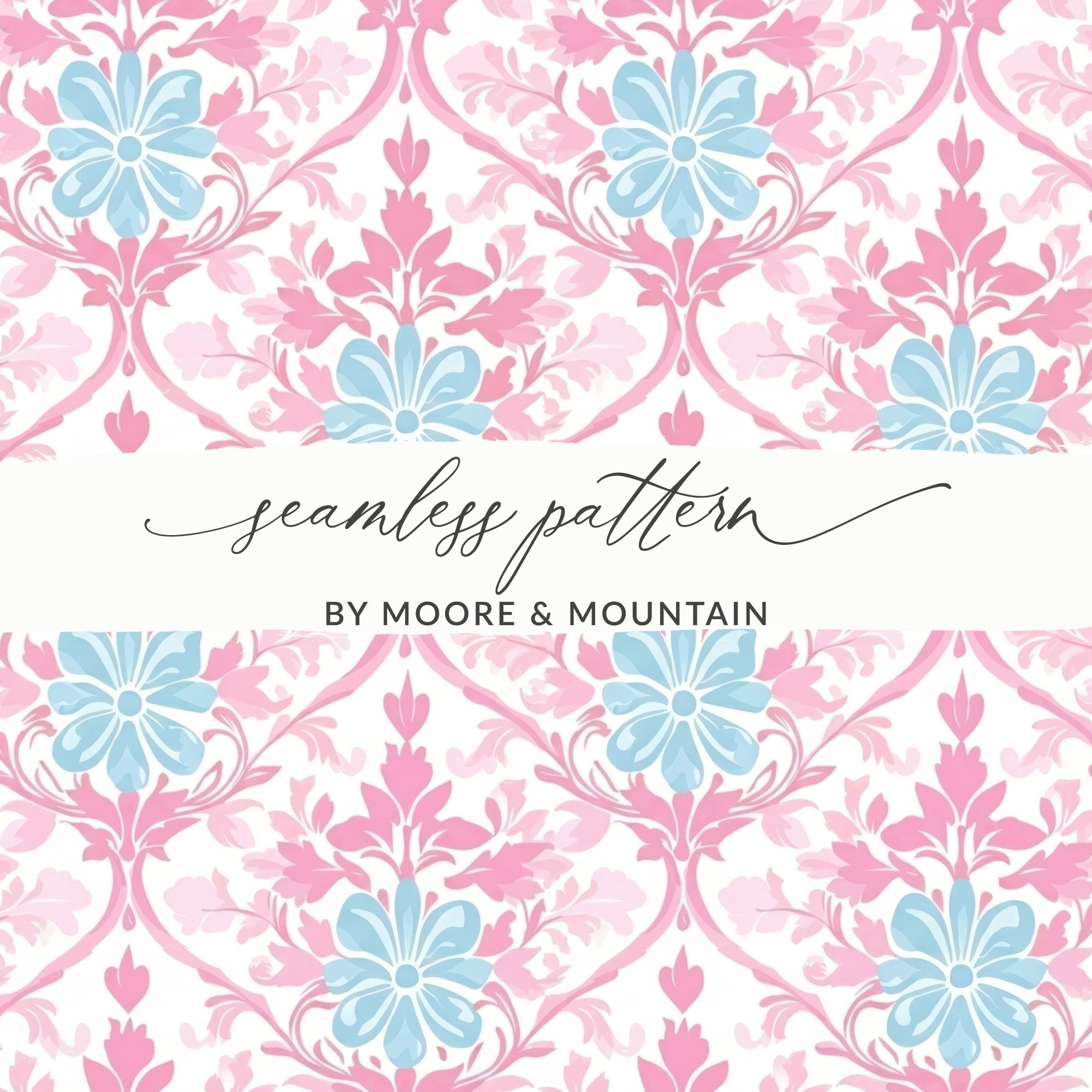Seamless floral pattern with blue and pink flowers and text.