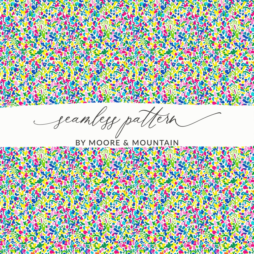 Colorful abstract splotch pattern with "Seamless Pattern by Moore & Mountain" text.
