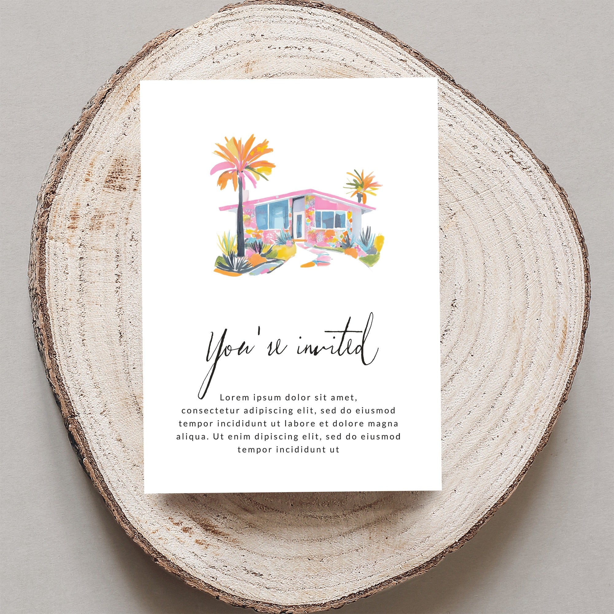 Invitation card with "You're invited" and floral palm tree illustration.