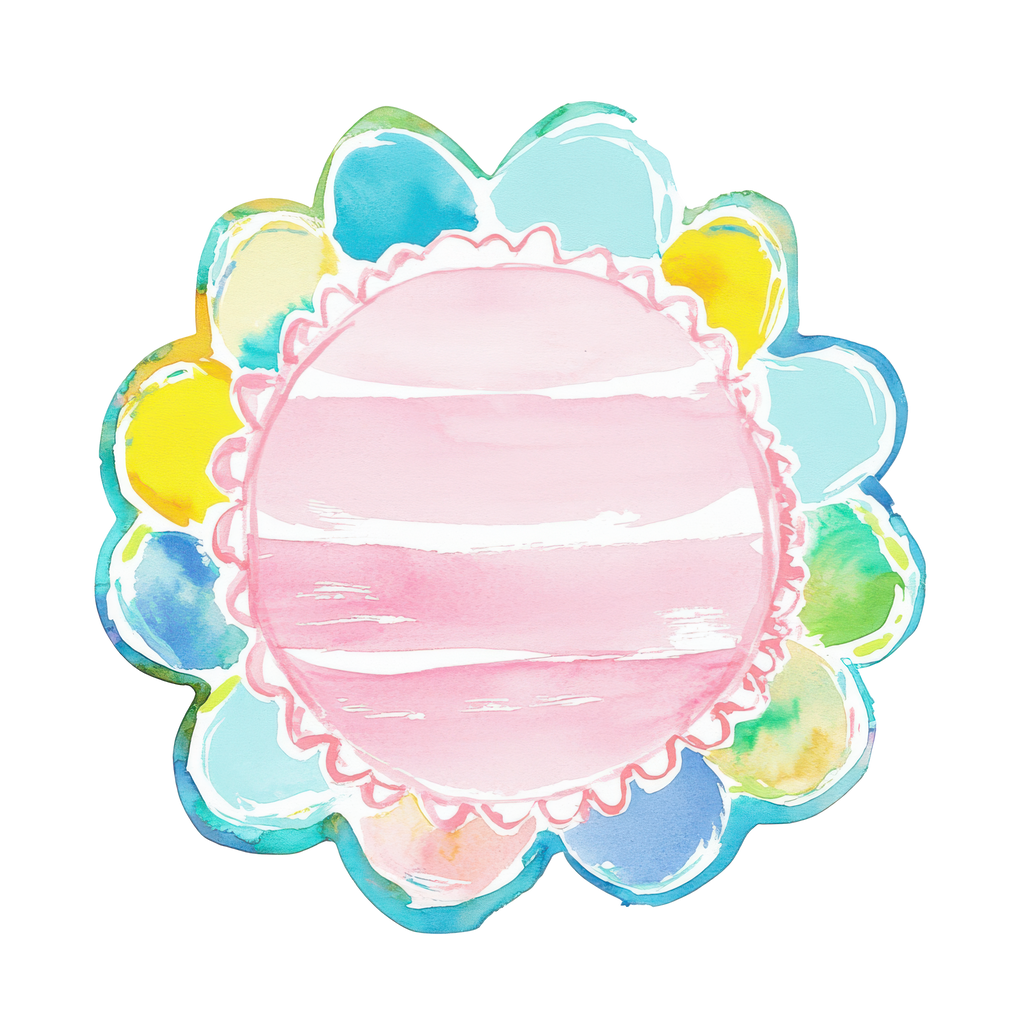 Watercolor flower frame with pink center and pastel colored petals.