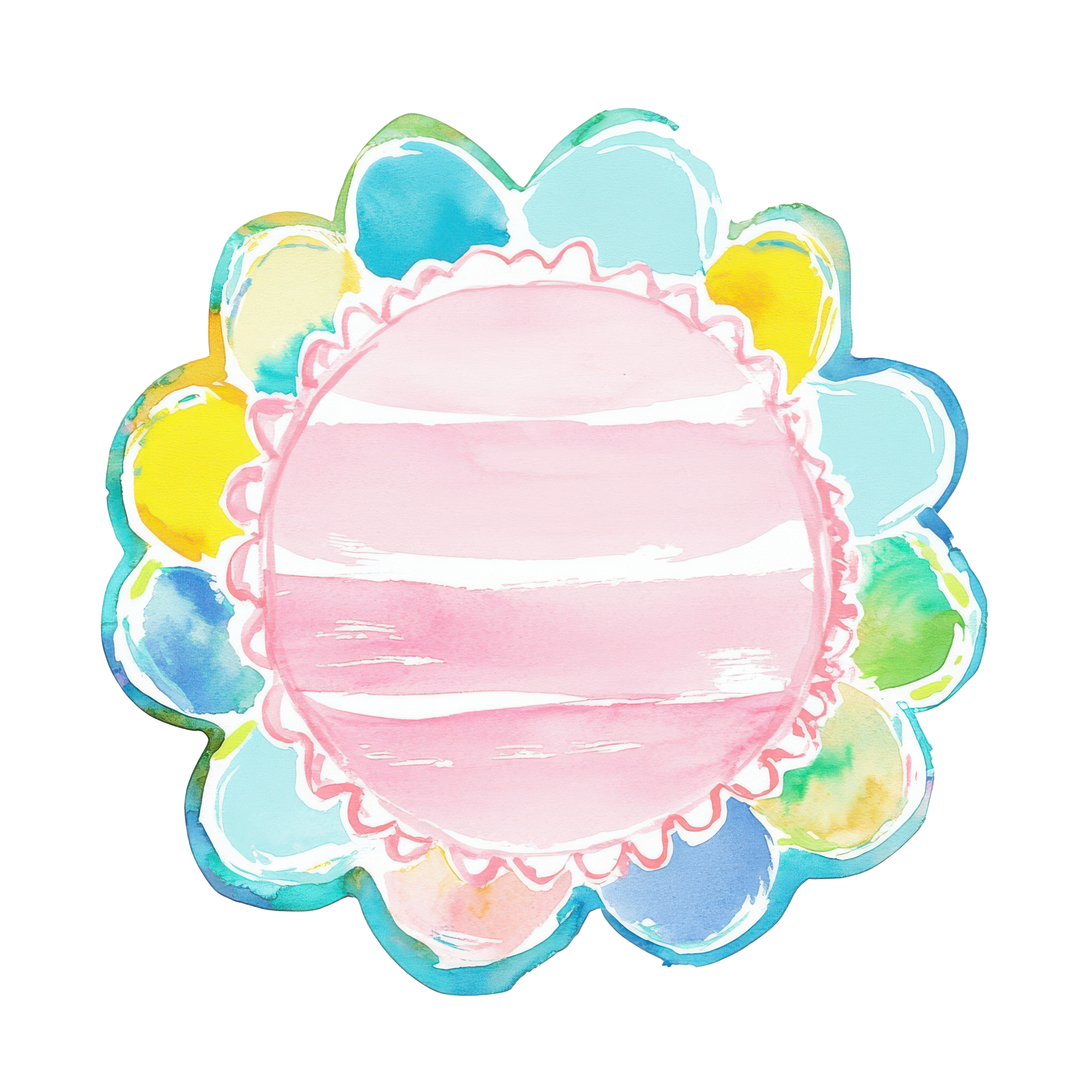 Watercolor flower frame with pink center and pastel colored petals.