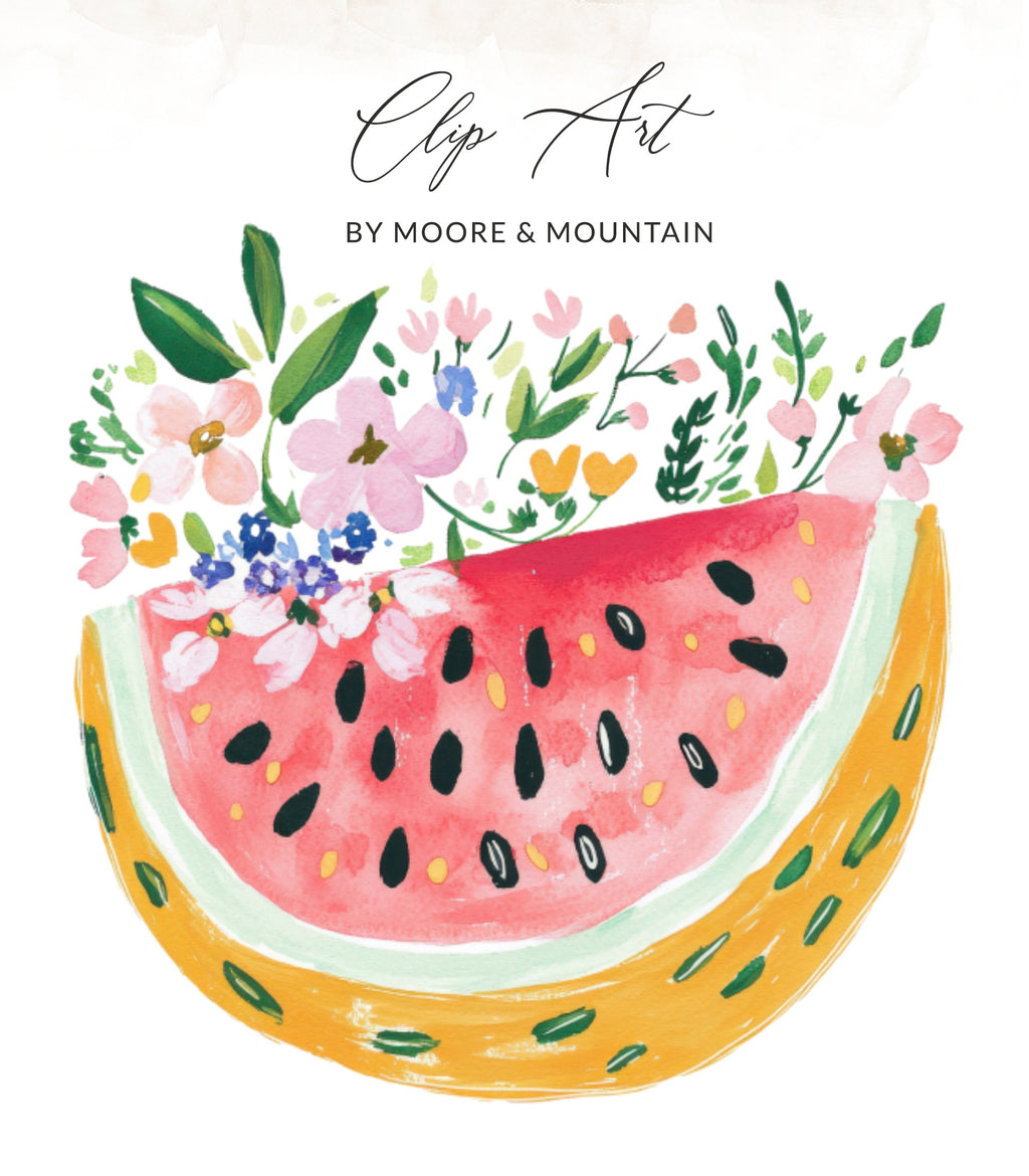 Watercolor watermelon slice with colorful flowers and text "Clip Art"