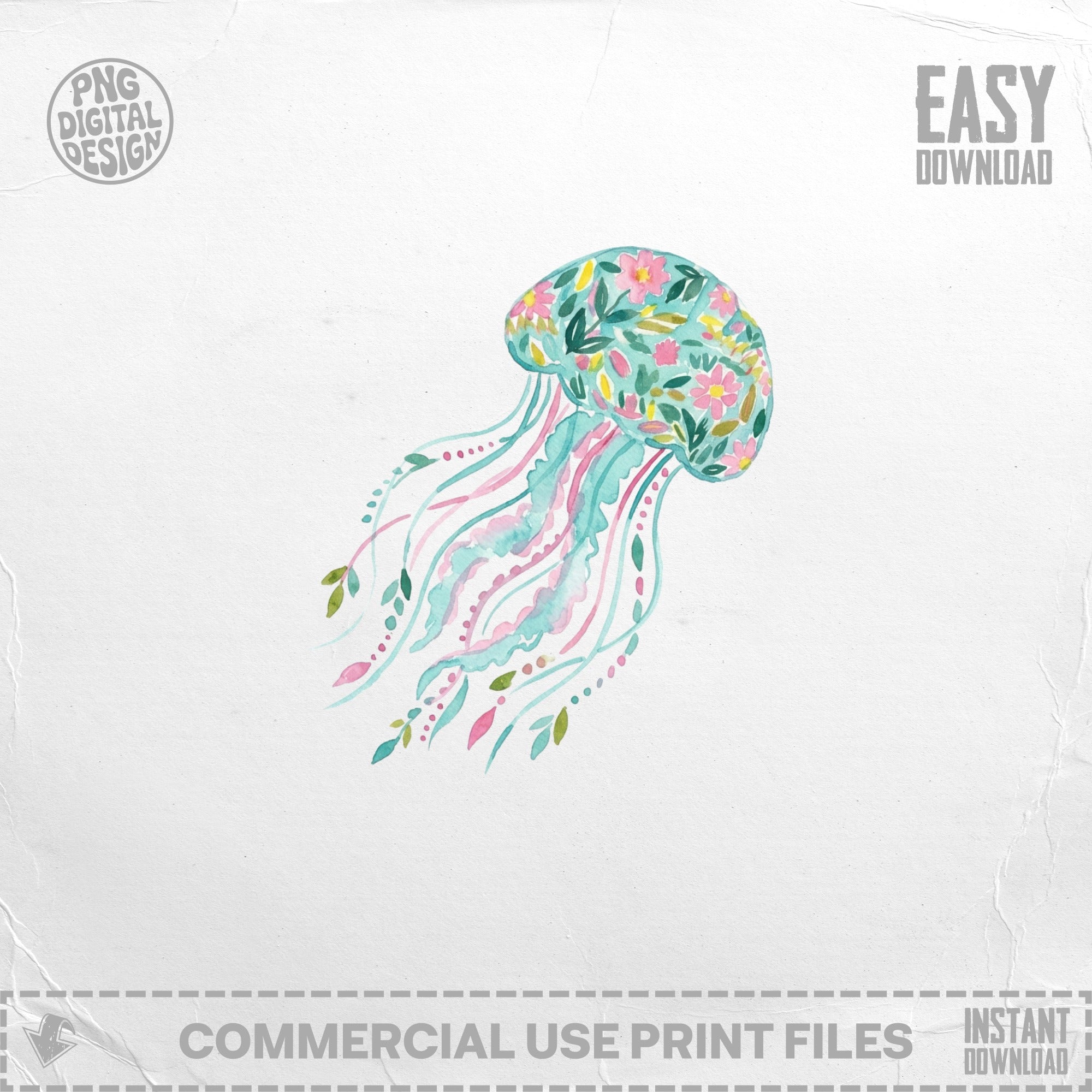 Watercolor jellyfish with floral pattern and flowing tentacles.