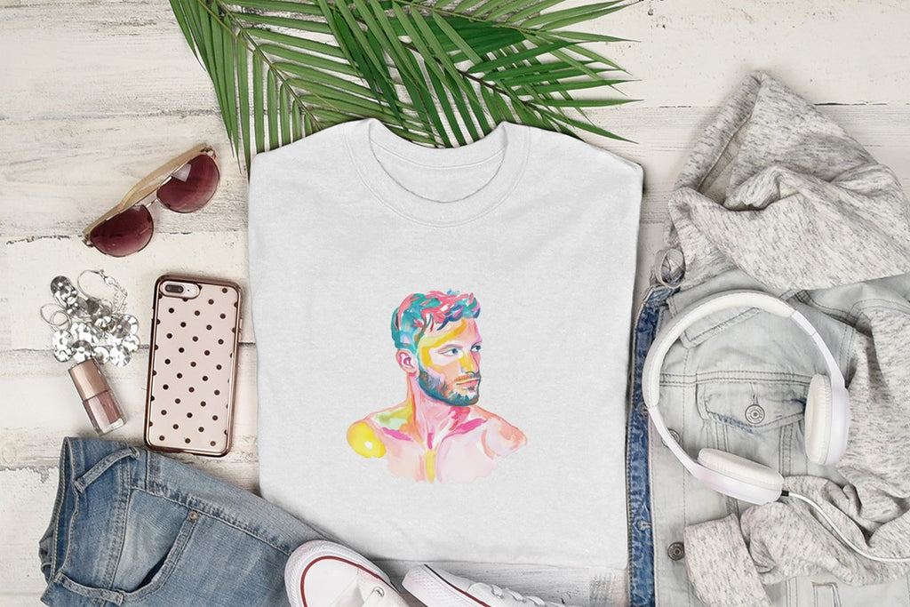 White t-shirt with colorful abstract portrait of a man.