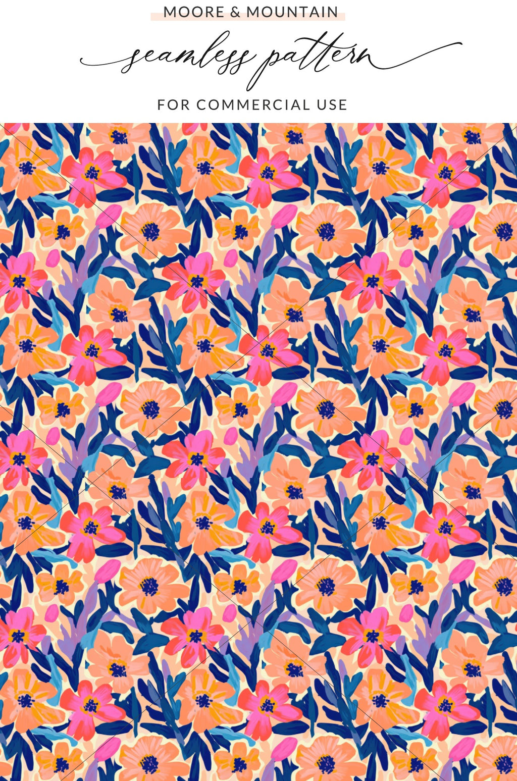 Seamless pattern with coral and blue flowers and leaves on cream background.