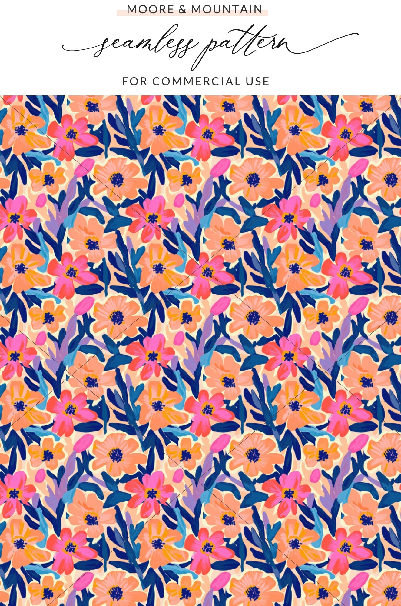 Seamless pattern with coral and blue flowers and leaves on cream background.