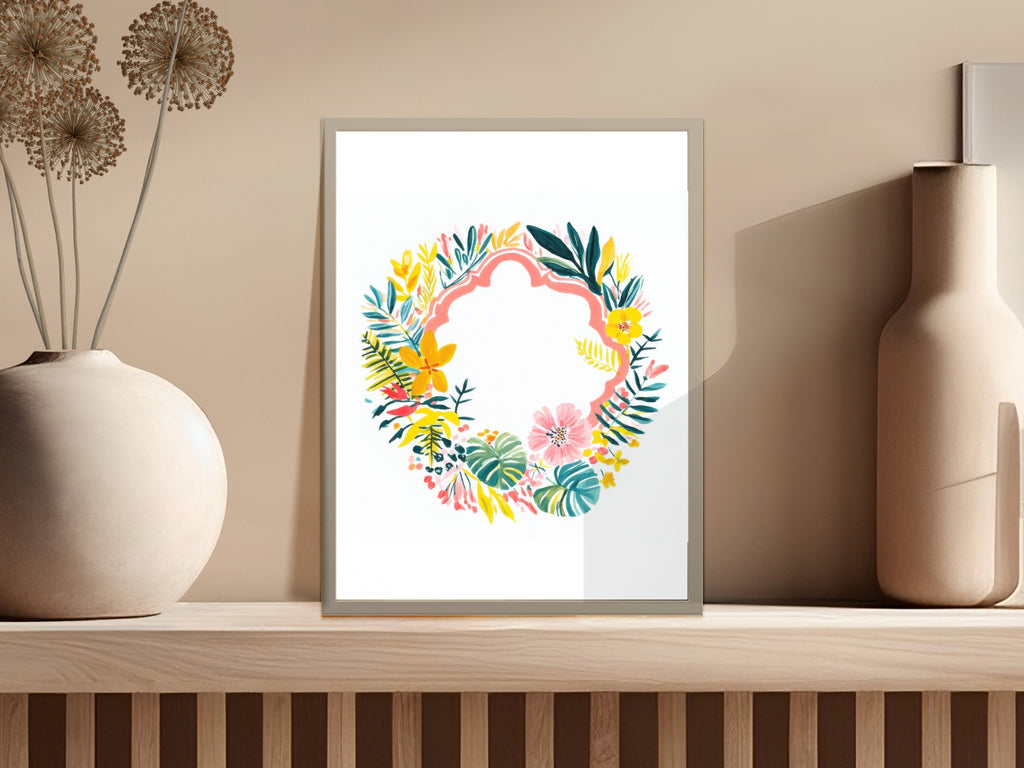 Floral wreath in a framed print on a shelf with decorative vases.