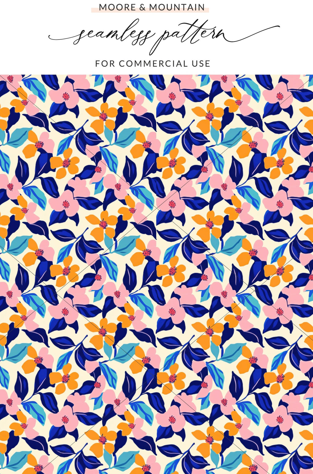 Seamless floral pattern with pink, blue, and orange flowers on cream background.