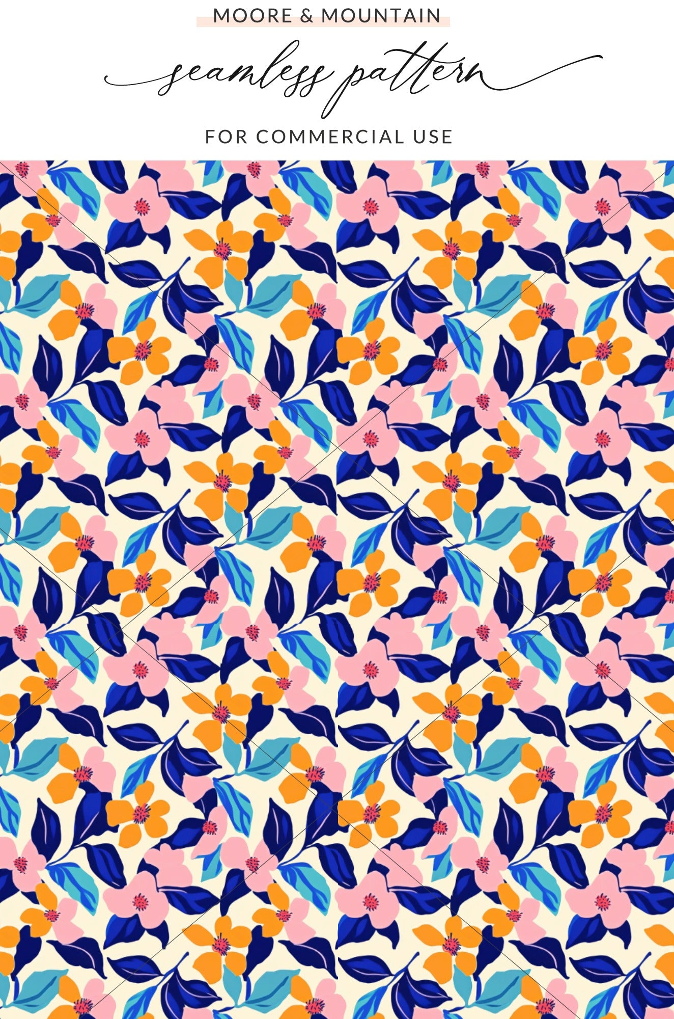 Seamless floral pattern with pink, blue, and orange flowers on cream background.
