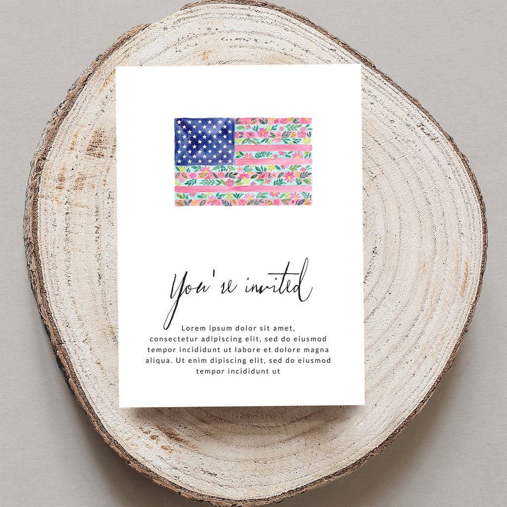 Invitation with floral American flag and "You're invited" text.