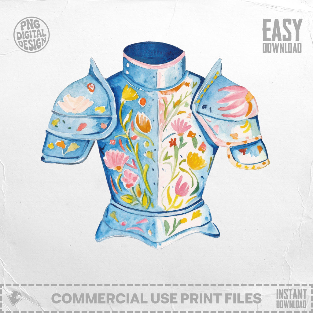 Watercolor illustration of a blue knight's armor with floral designs.