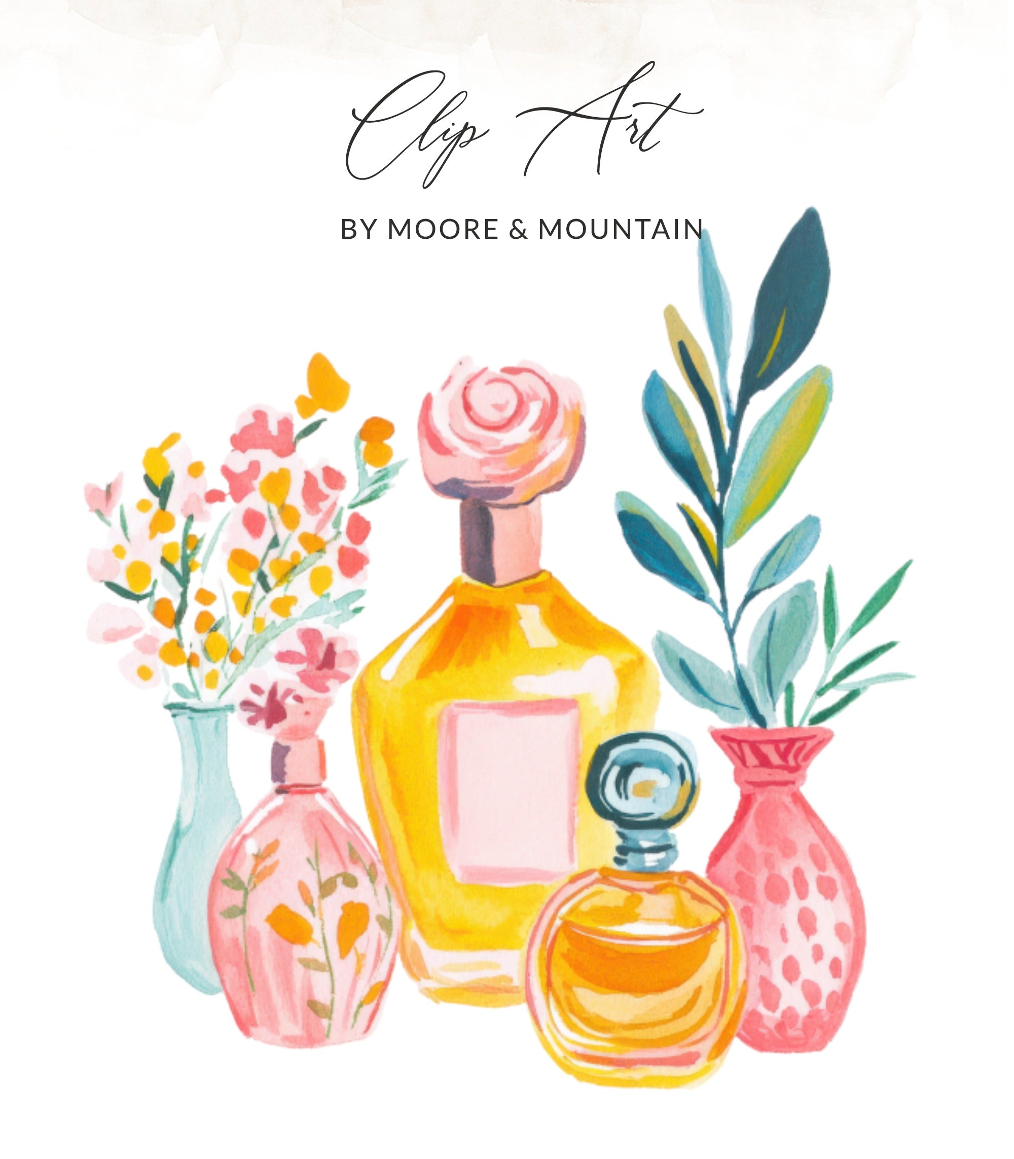 Perfume bottles and flowers in watercolor vases.