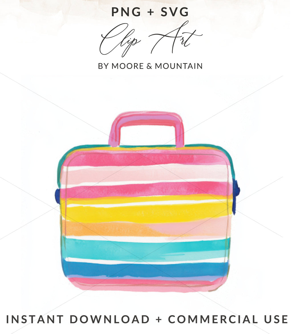 Colorful striped lunchbox with handles and a text overlay.