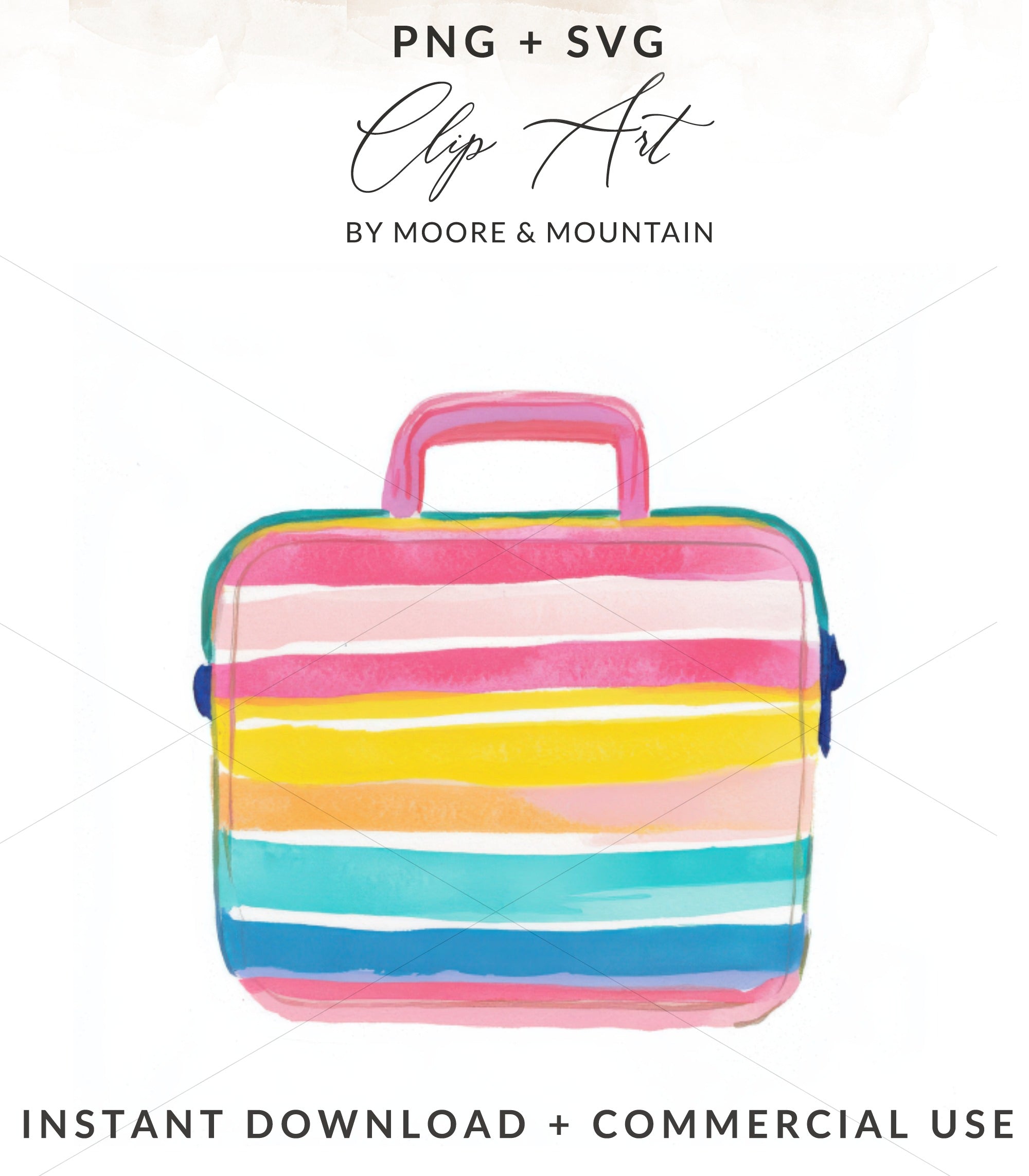 Colorful striped lunchbox with handles and a text overlay.