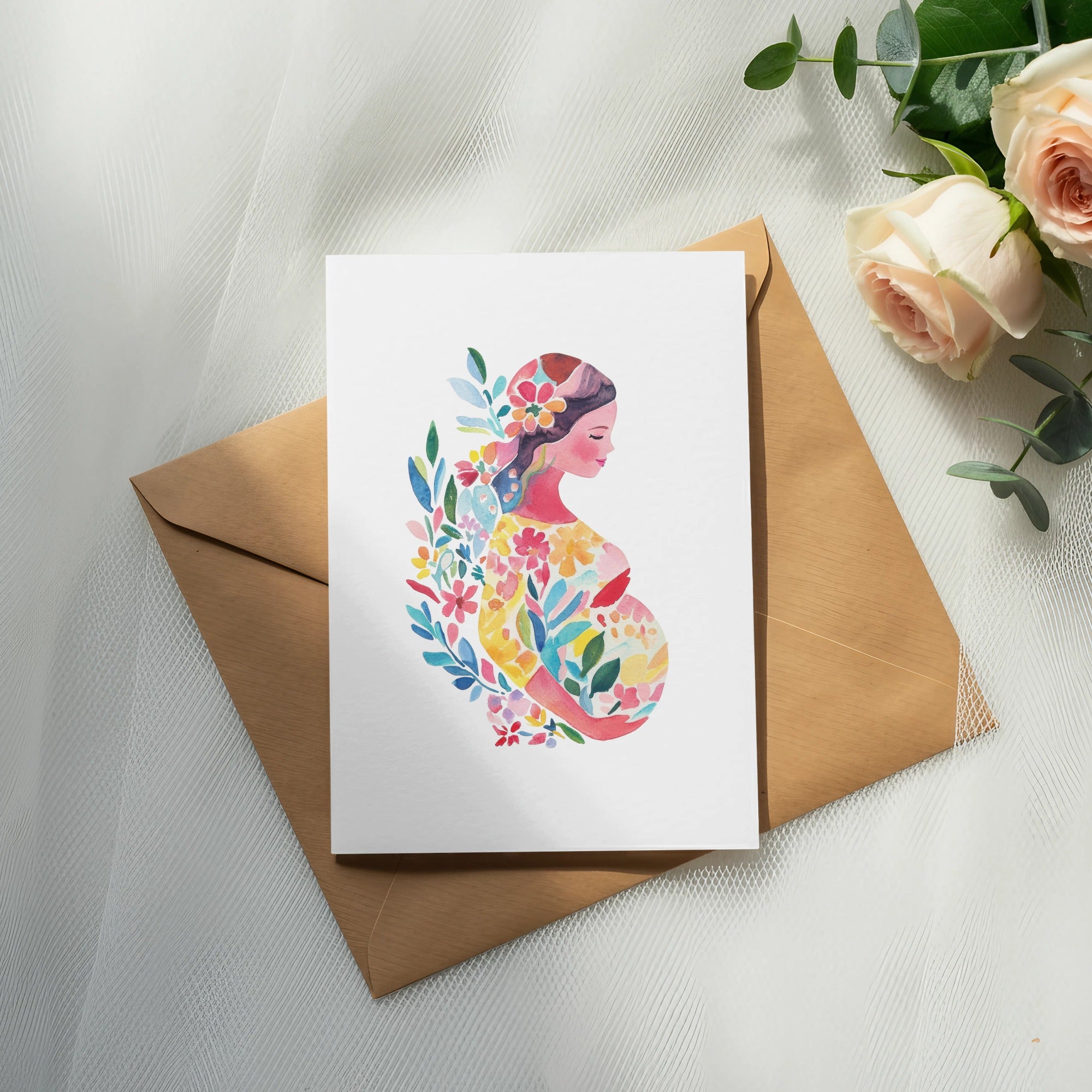 Watercolor illustration of a pregnant woman surrounded by colorful flowers on a card.