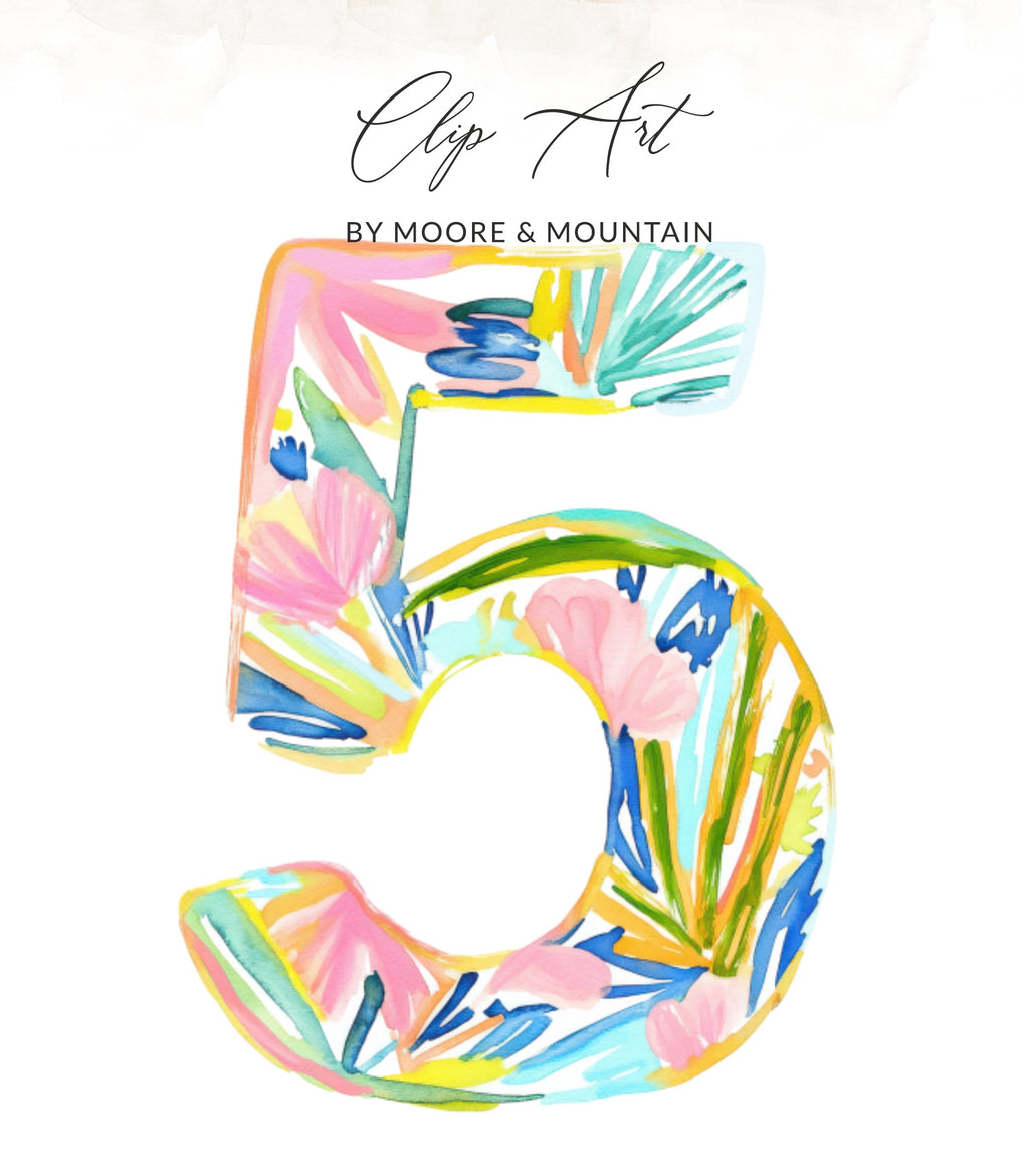 "5" numeral with abstract floral watercolor pattern.
