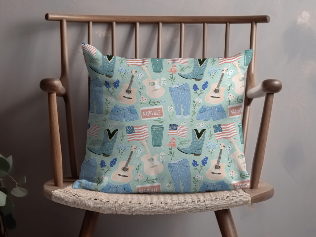 Nashville Themed Decorative Pillow with Music and Flags