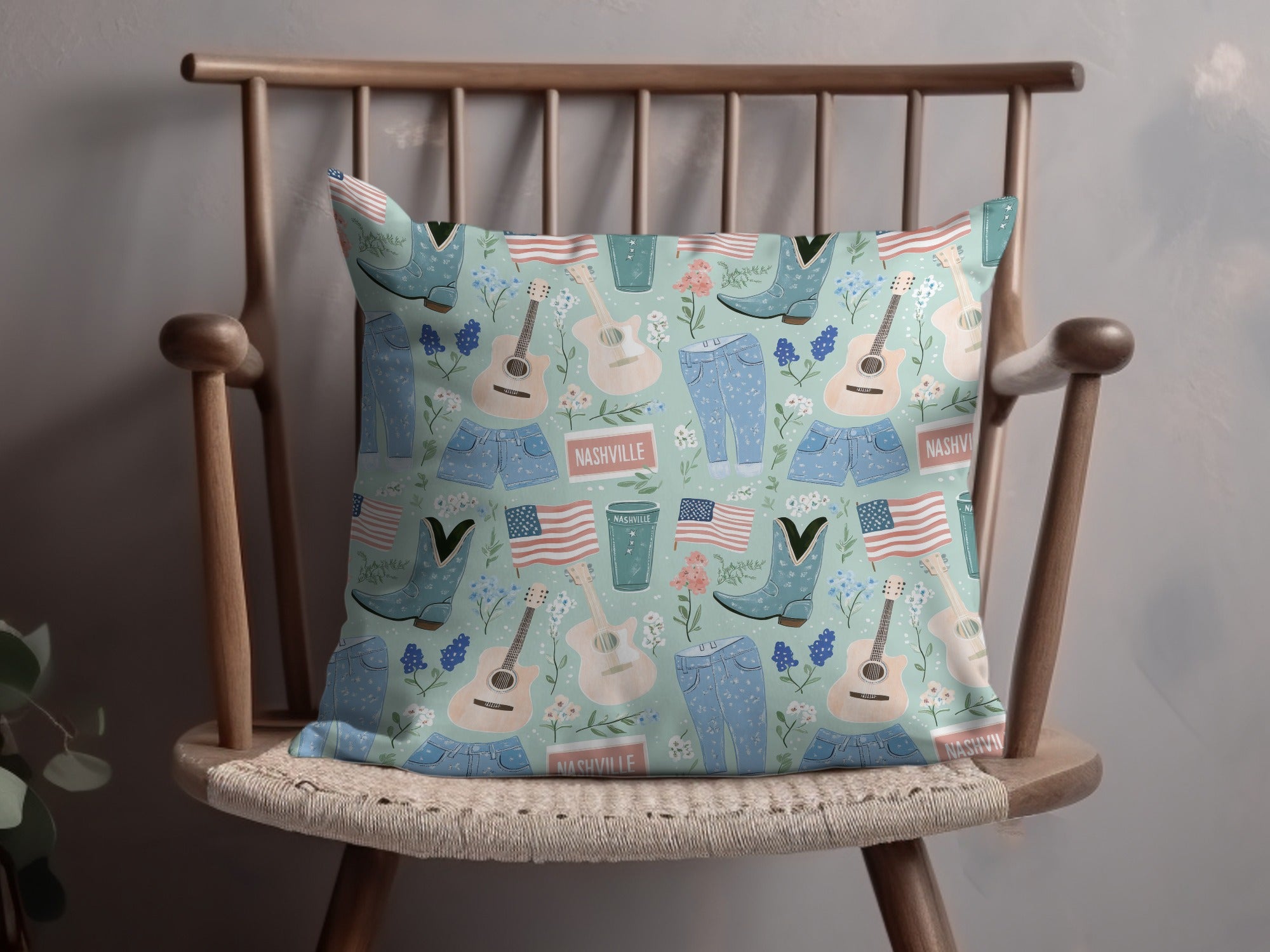 Nashville Themed Decorative Pillow with Music and Flags