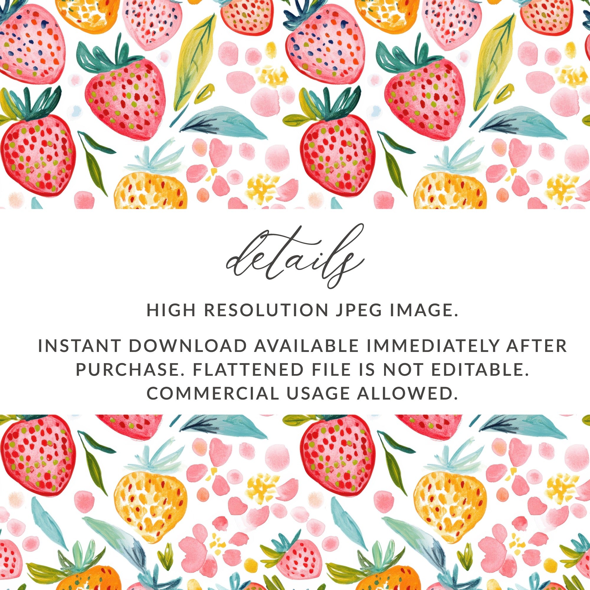 Watercolor strawberries and pink floral pattern, digital download details.