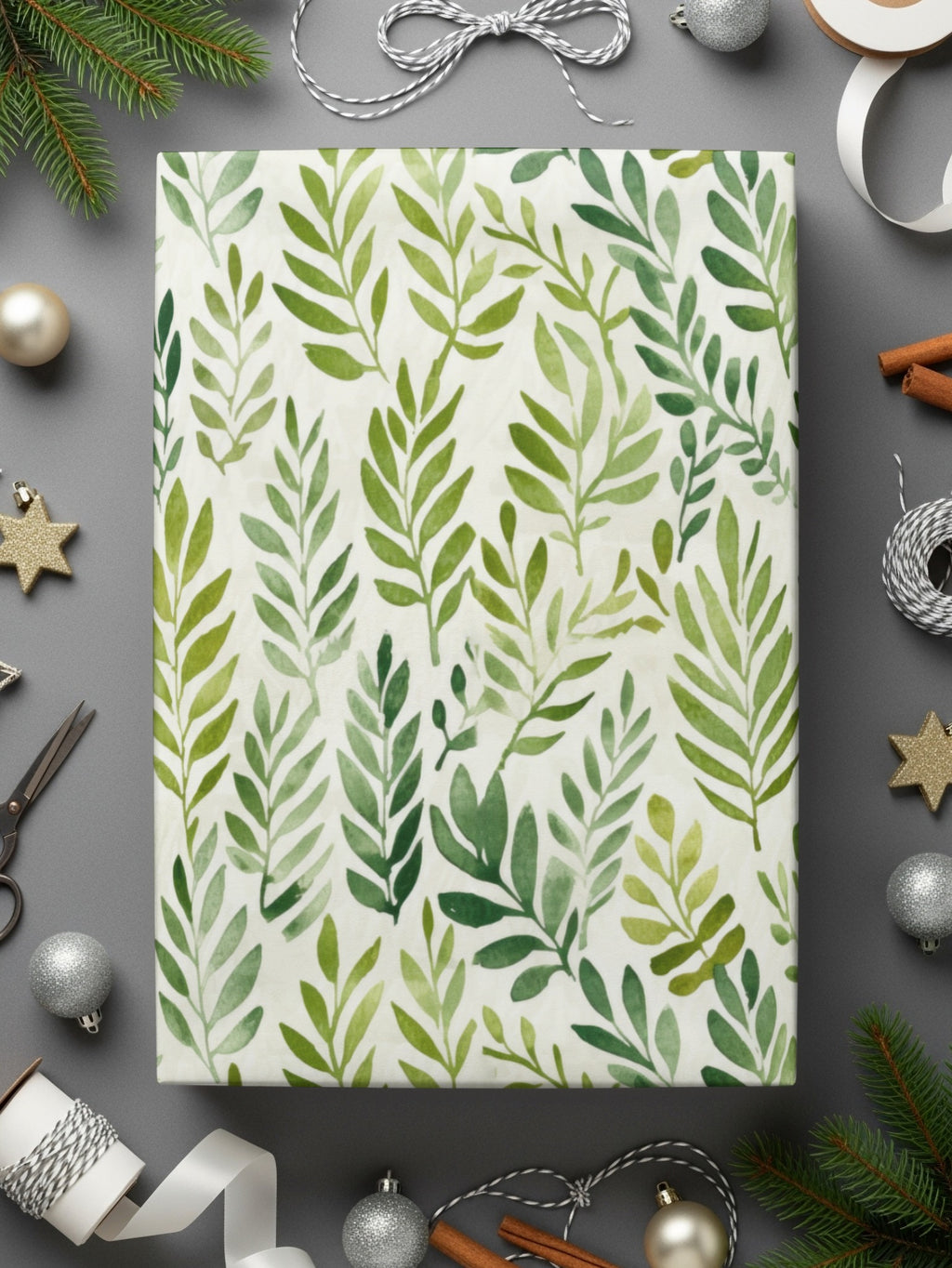 Festive Green Leaves Patterned Wrapping Paper