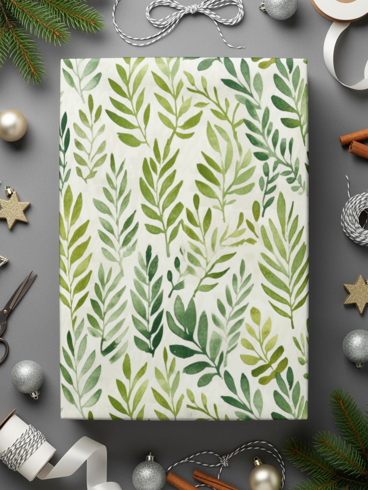 Festive Green Leaves Patterned Wrapping Paper