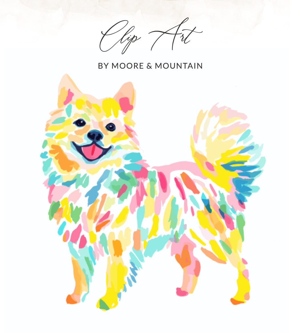 Colorful watercolor Pomeranian dog with "Clip Art" text above.