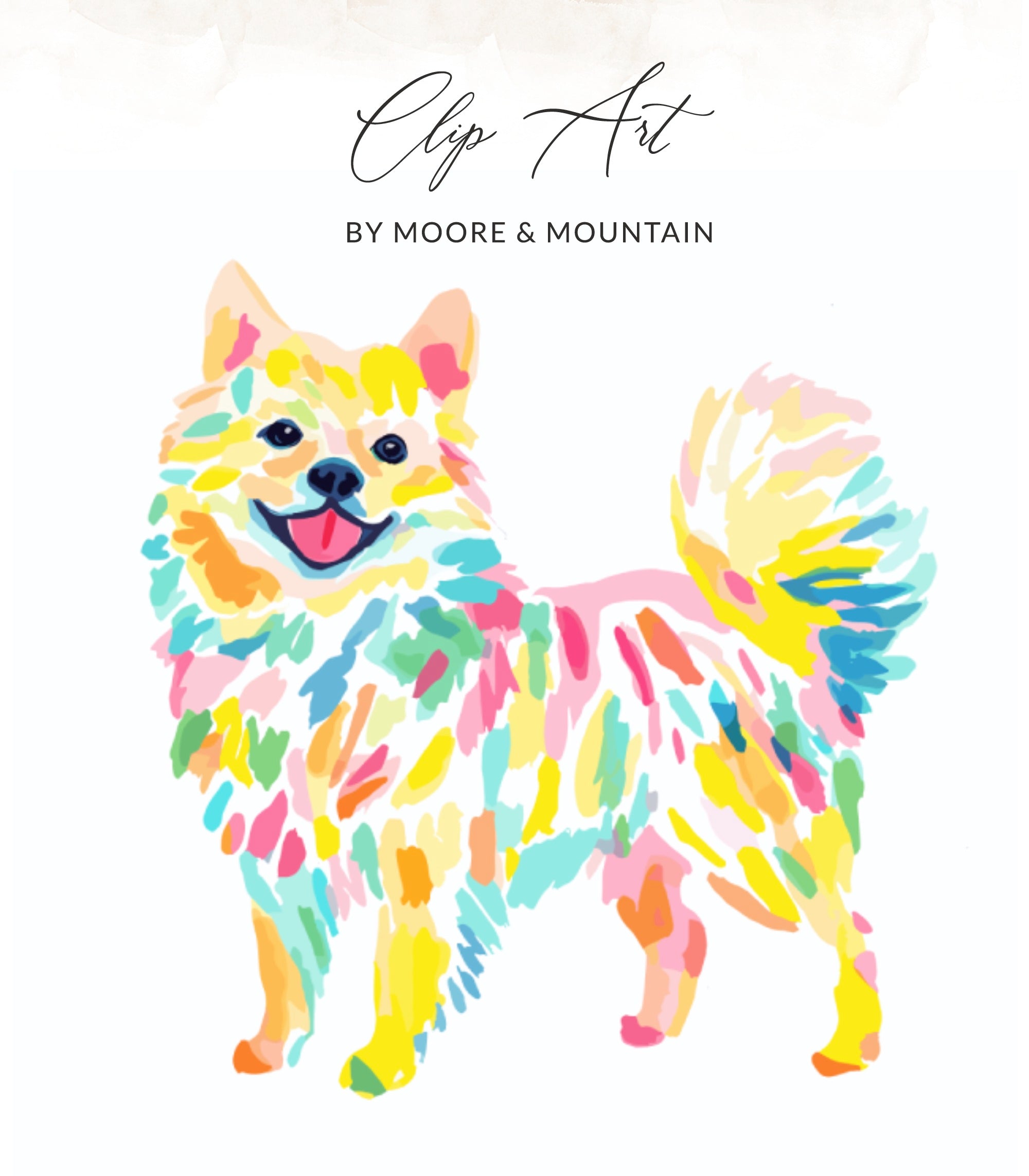 Colorful watercolor Pomeranian dog with "Clip Art" text above.