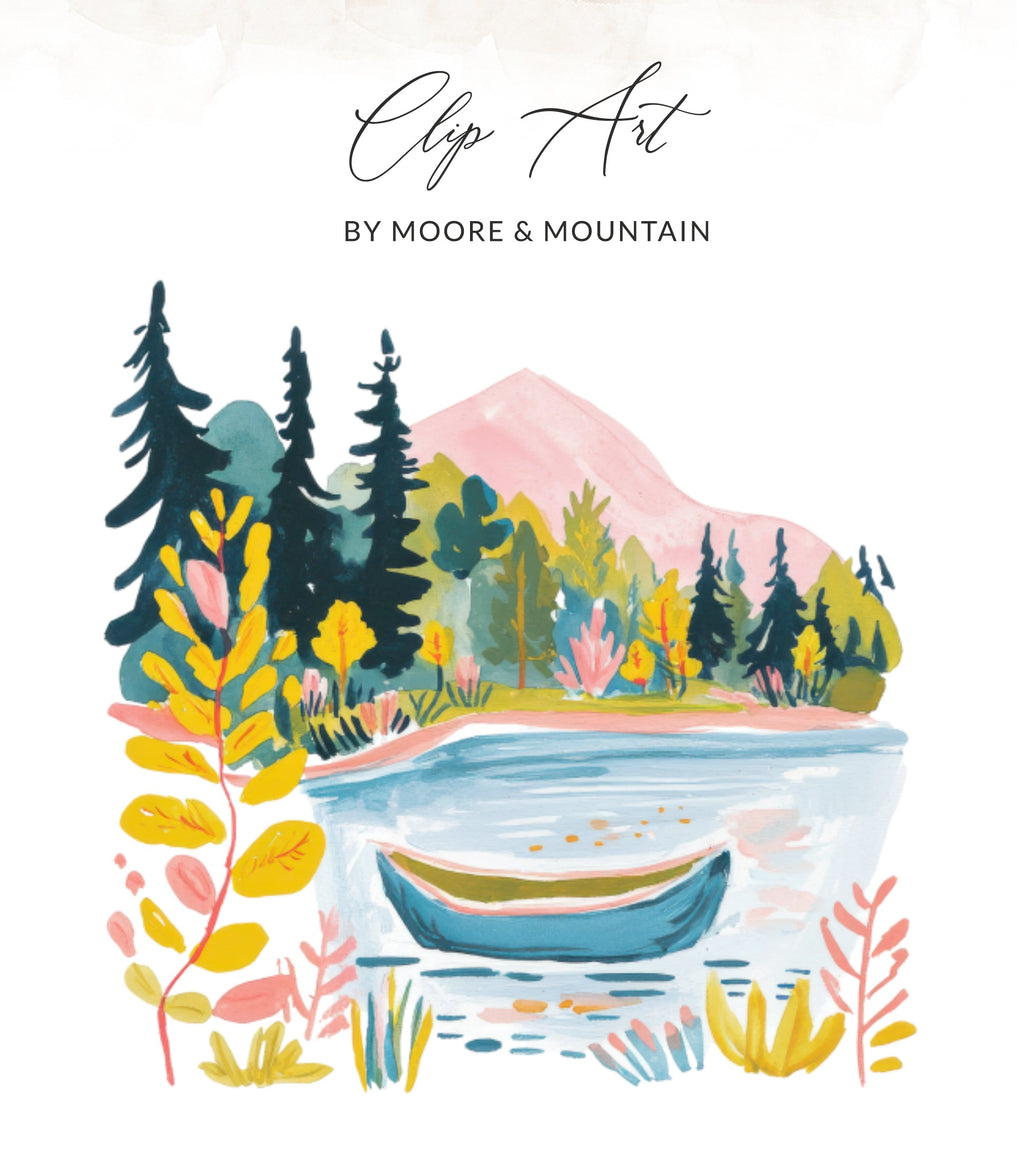 Colorful illustration of a lake with a boat, trees, and mountains.
