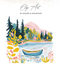 Colorful illustration of a lake with a boat, trees, and mountains.