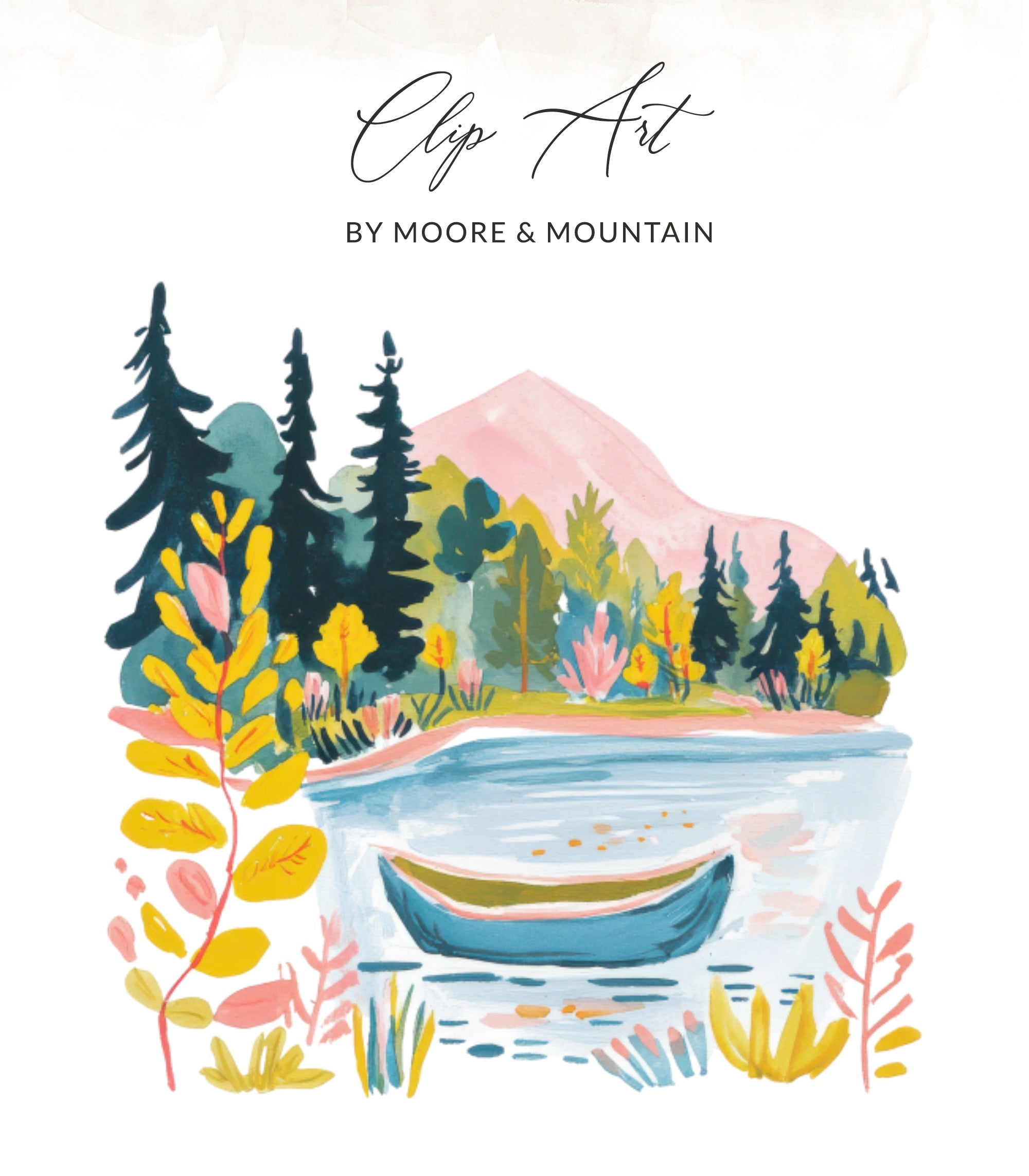 Colorful illustration of a lake with a boat, trees, and mountains.