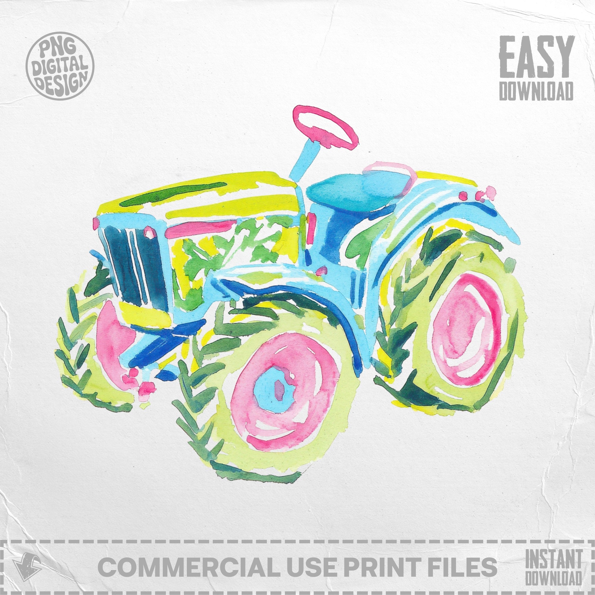 Colorful watercolor tractor with pink and green wheels.
