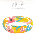 Watercolor bracelet with pink flowers and blue leaves on yellow.