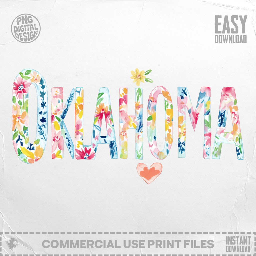 Oklahoma text with watercolor floral design and heart.
