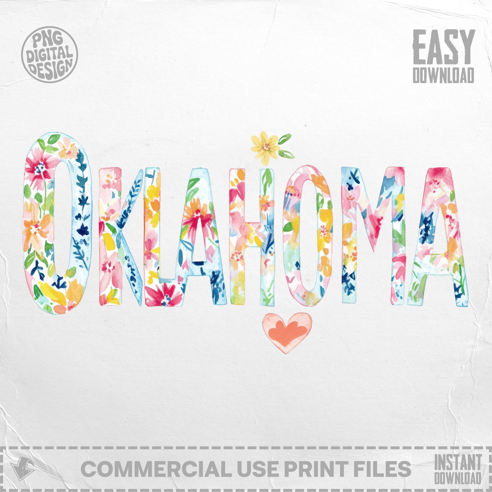 Oklahoma text with watercolor floral design and heart.