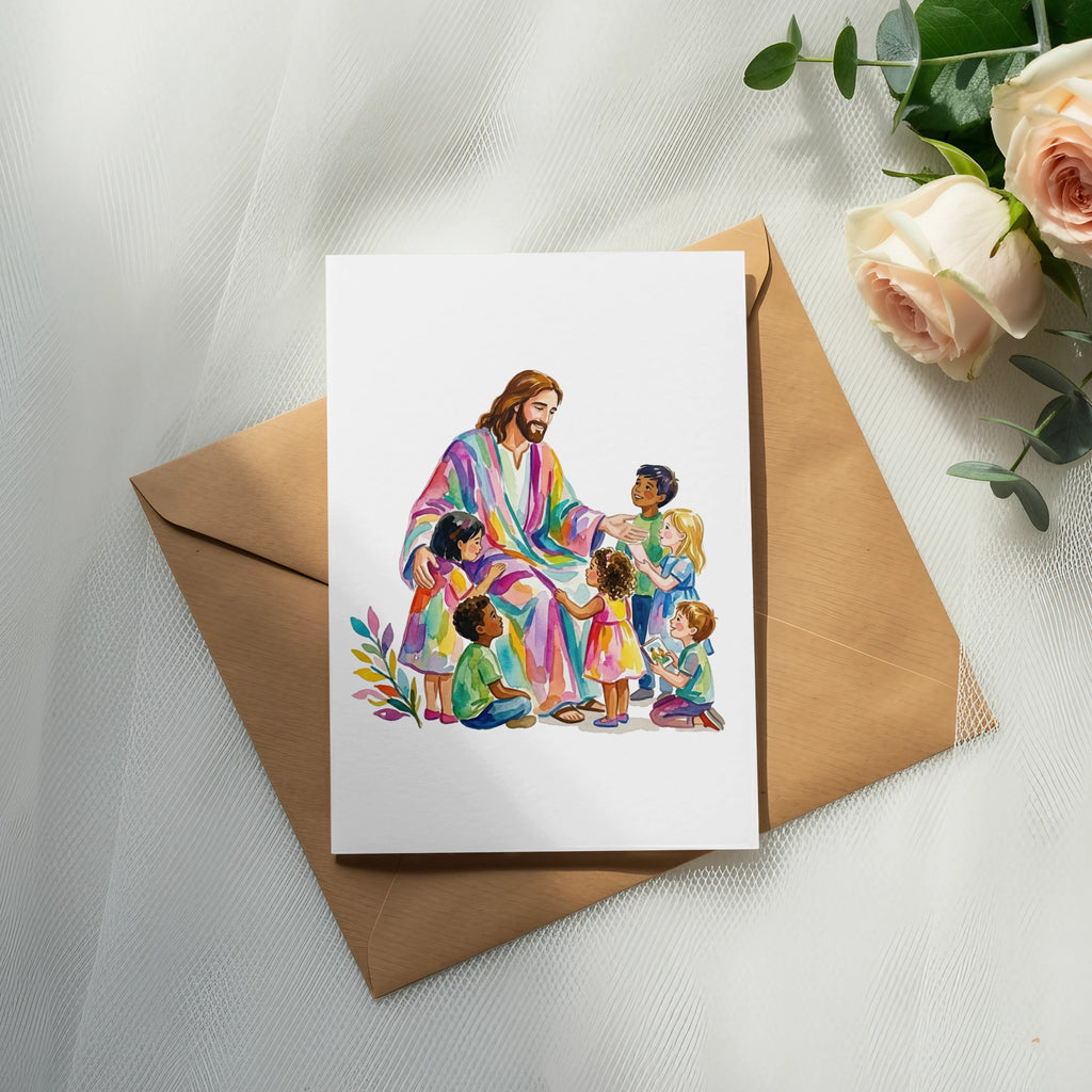 Jesus in a rainbow robe interacting with a diverse group of children.