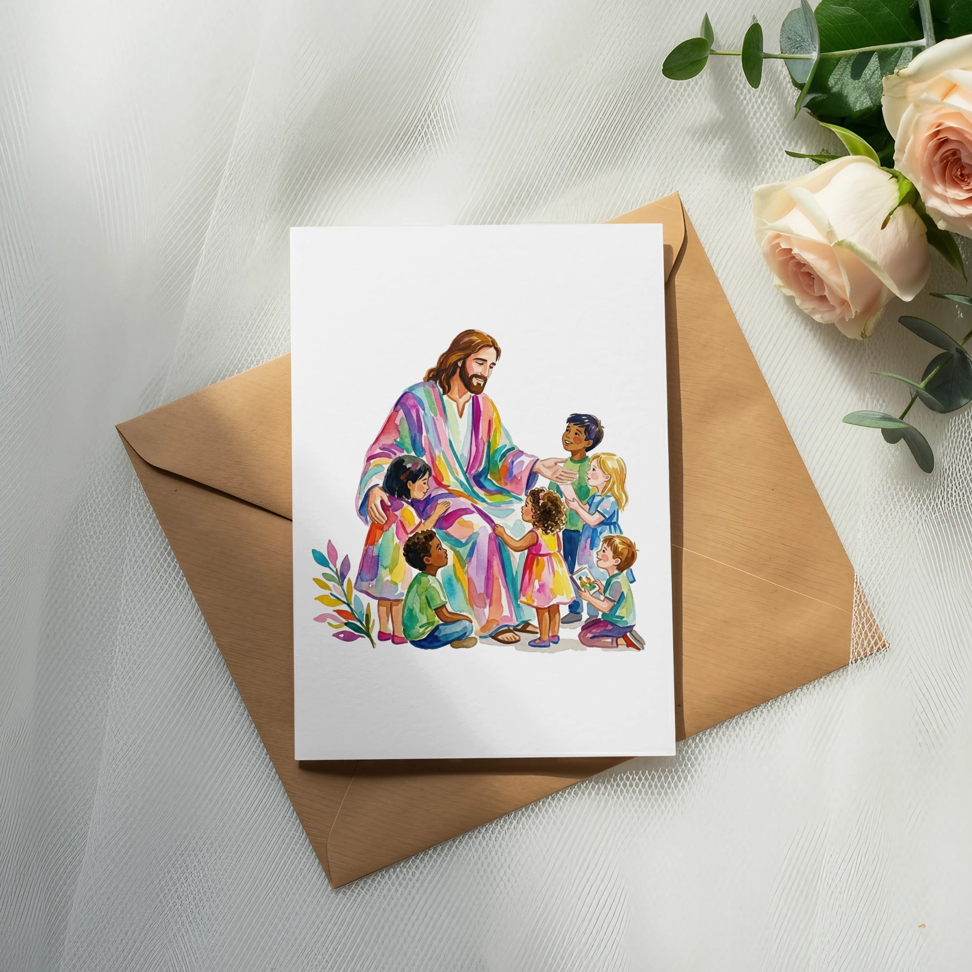 Jesus in a rainbow robe interacting with a diverse group of children.