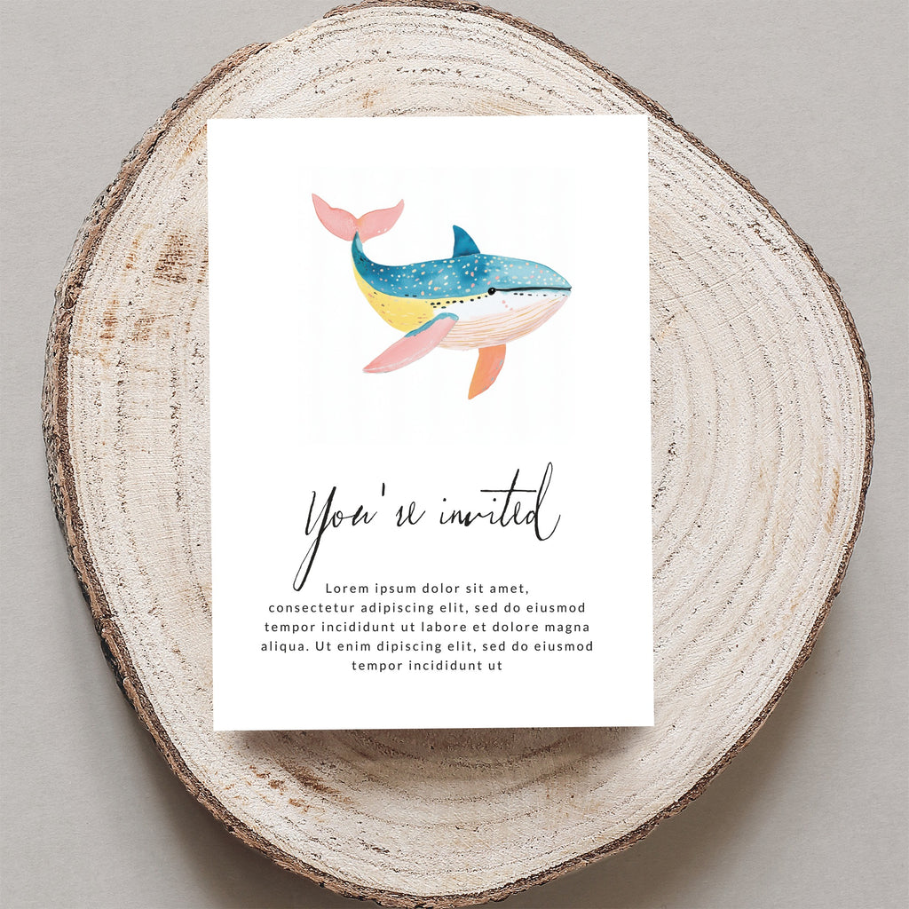 Watercolor whale illustration on "You're invited" invitation card.