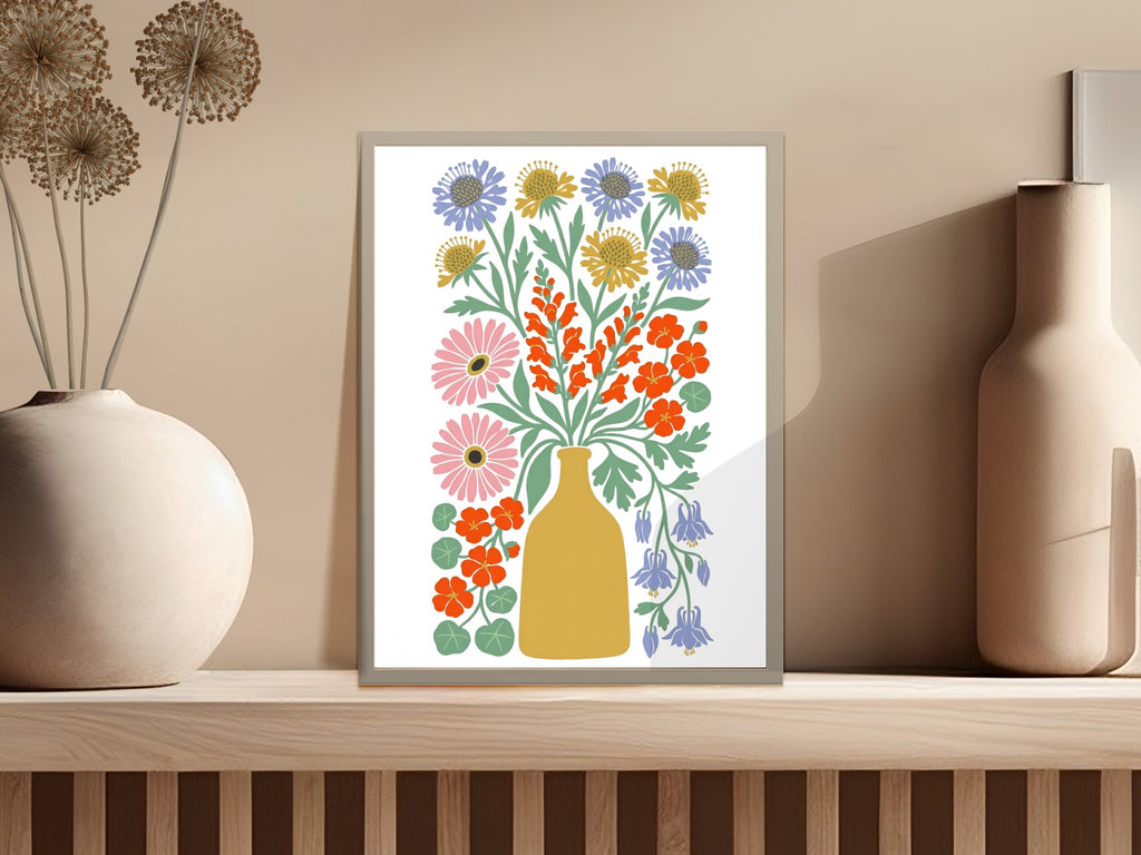 Colorful folk art floral illustration in a yellow vase on a shelf.